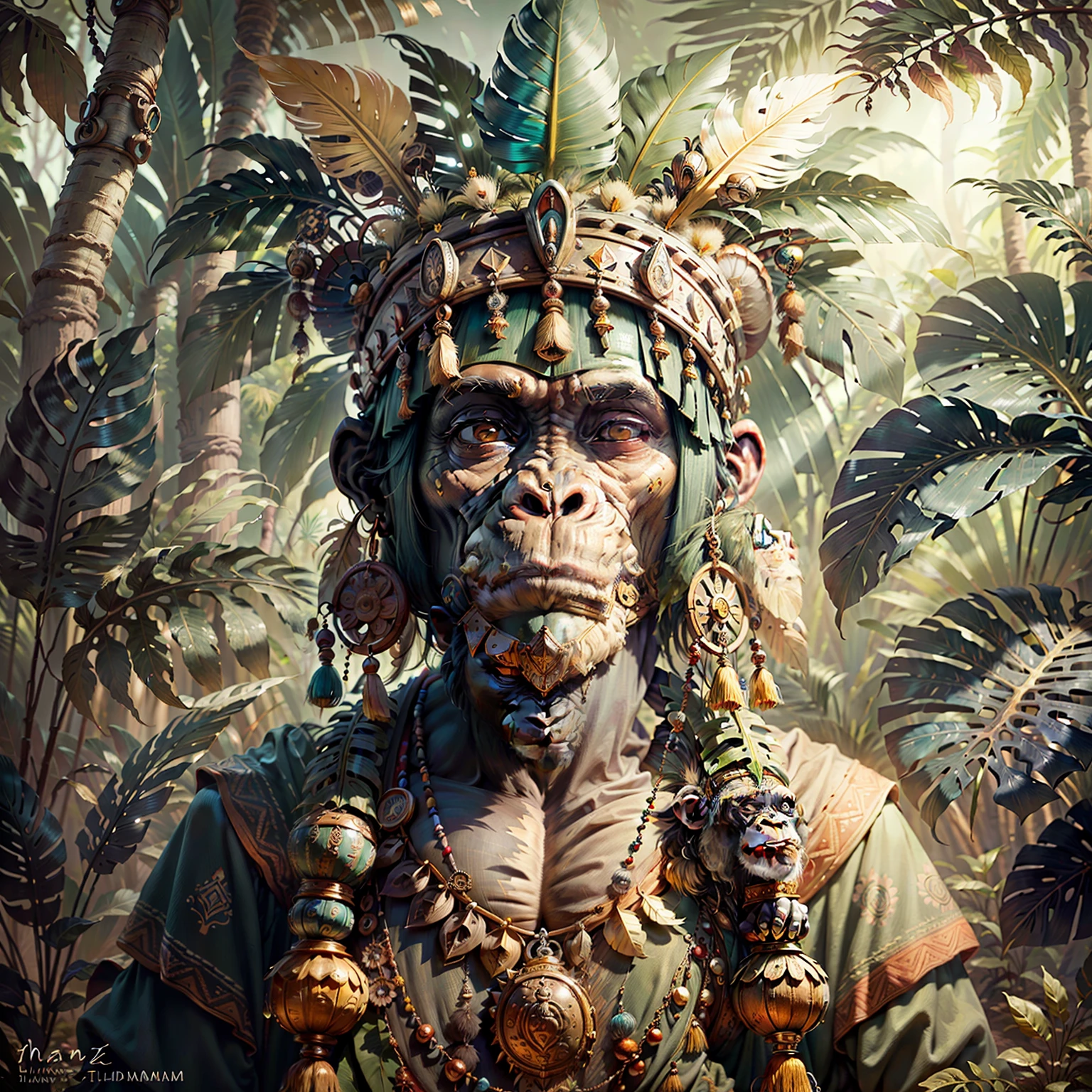 Chimpanzee head praying ((Shaman)),((meditative state),,Shaman, elegant chimpanzee, hair with details, with Indian headdress on head, ((meditating)) many colorful feathers, colorful feathers, facing the camera, detail: dense tropical foliage, highly detailed intricate, ((masterpiece)), ultra hyperrealistic, masterpiece