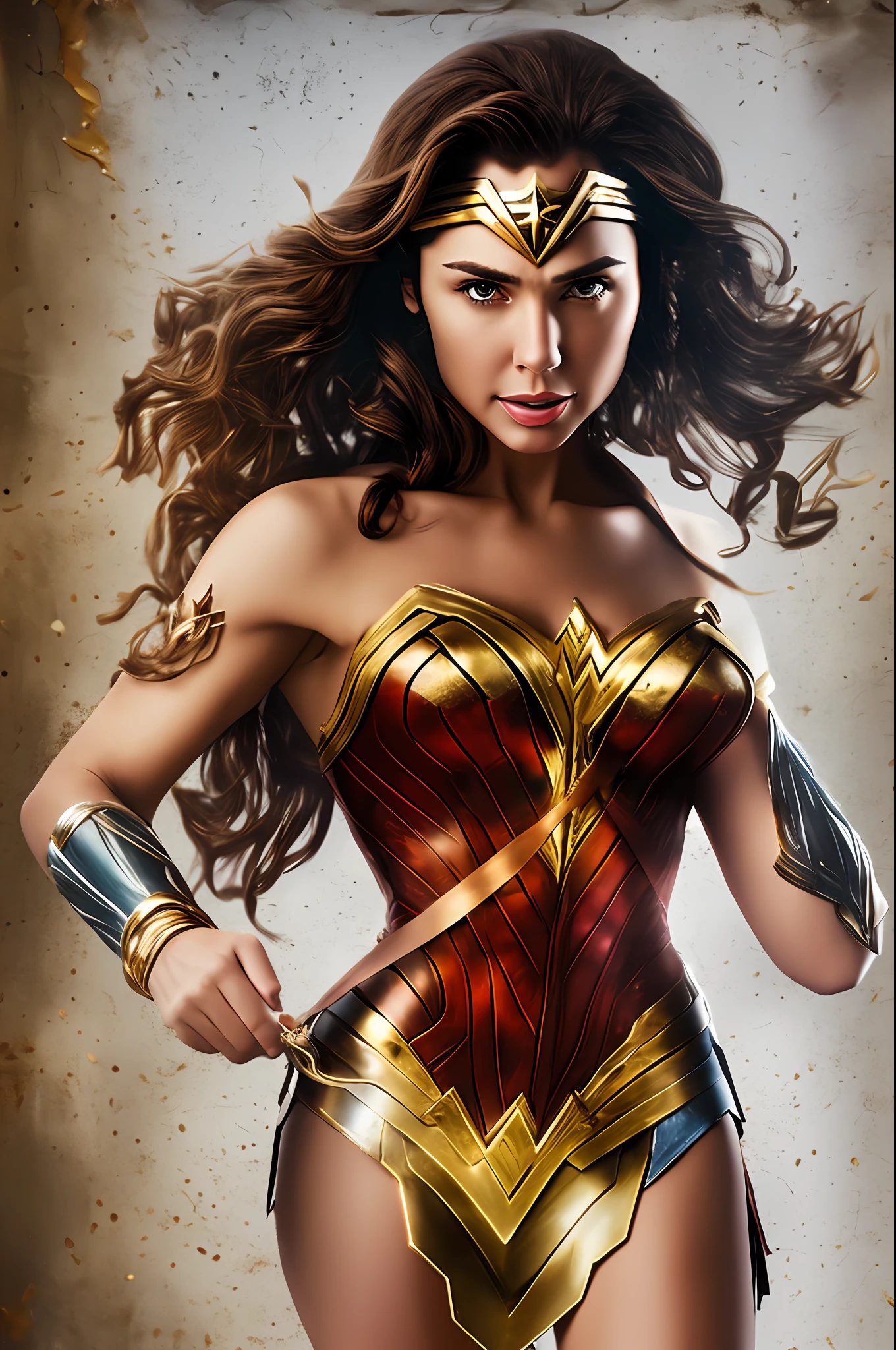 wonder woman, golden and white suit, photorealistic, 50mm camera, full hd, flying --auto --s2