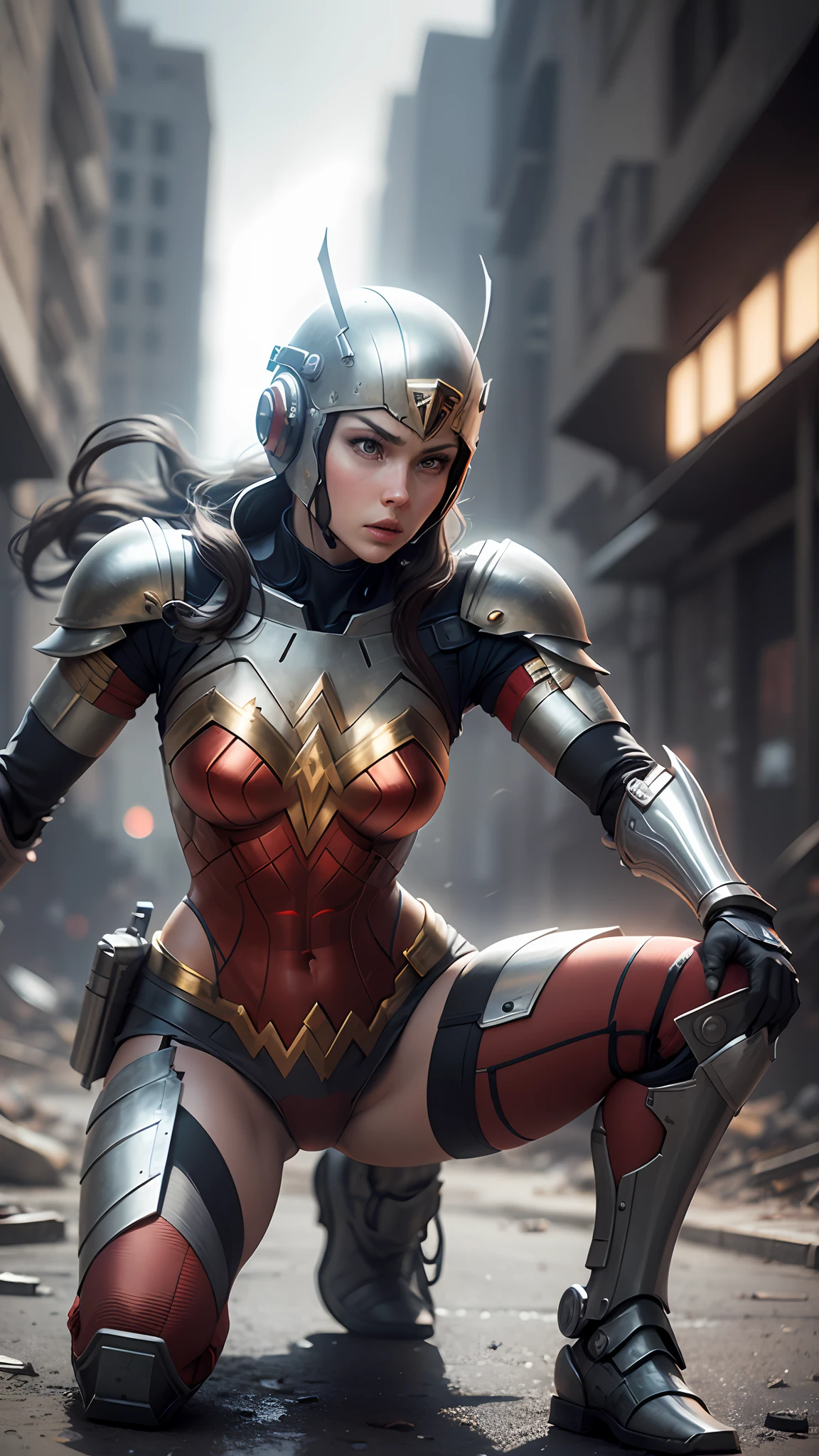 red armed wonder woman figure in sci-fi battle armor with cybernetic helmet, aiming on one knee, mask, sci-fi visor, bald head, armed figure, weapon in hand, aiming, plate armor, isolated armor, spacesuit, lots of small details, sci-fi movie style, on a ruined city street, overcast, photography, natural textures, natural light, natural blur, photorealism, cinematic rendering, ray tracing, highest quality, highest detail, Cinematic, Third-Person View, Blur Effect, Long Exposure, 8K, Ultra-HD, Natural Lighting, Moody Lighting, Cinematic Lighting --auto --s2