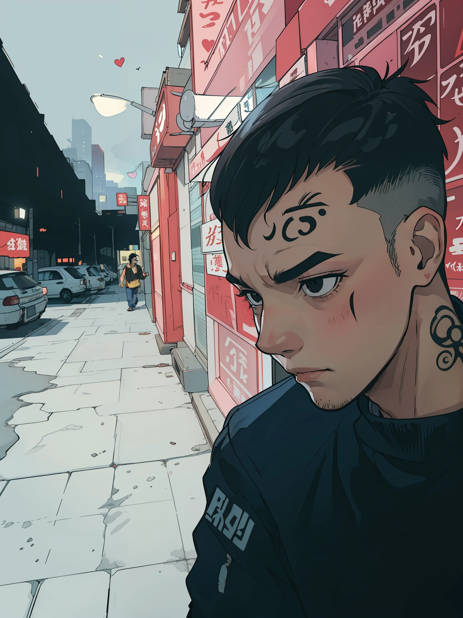 20-year-old boy with Brazilian face and round chin without beard, short hair, crop haircut, black eyes, no pimples on his face and with tattoo under his eye with red ink written love in Japanese kanji, cyberpunk style scenario, 4k, anime 2d