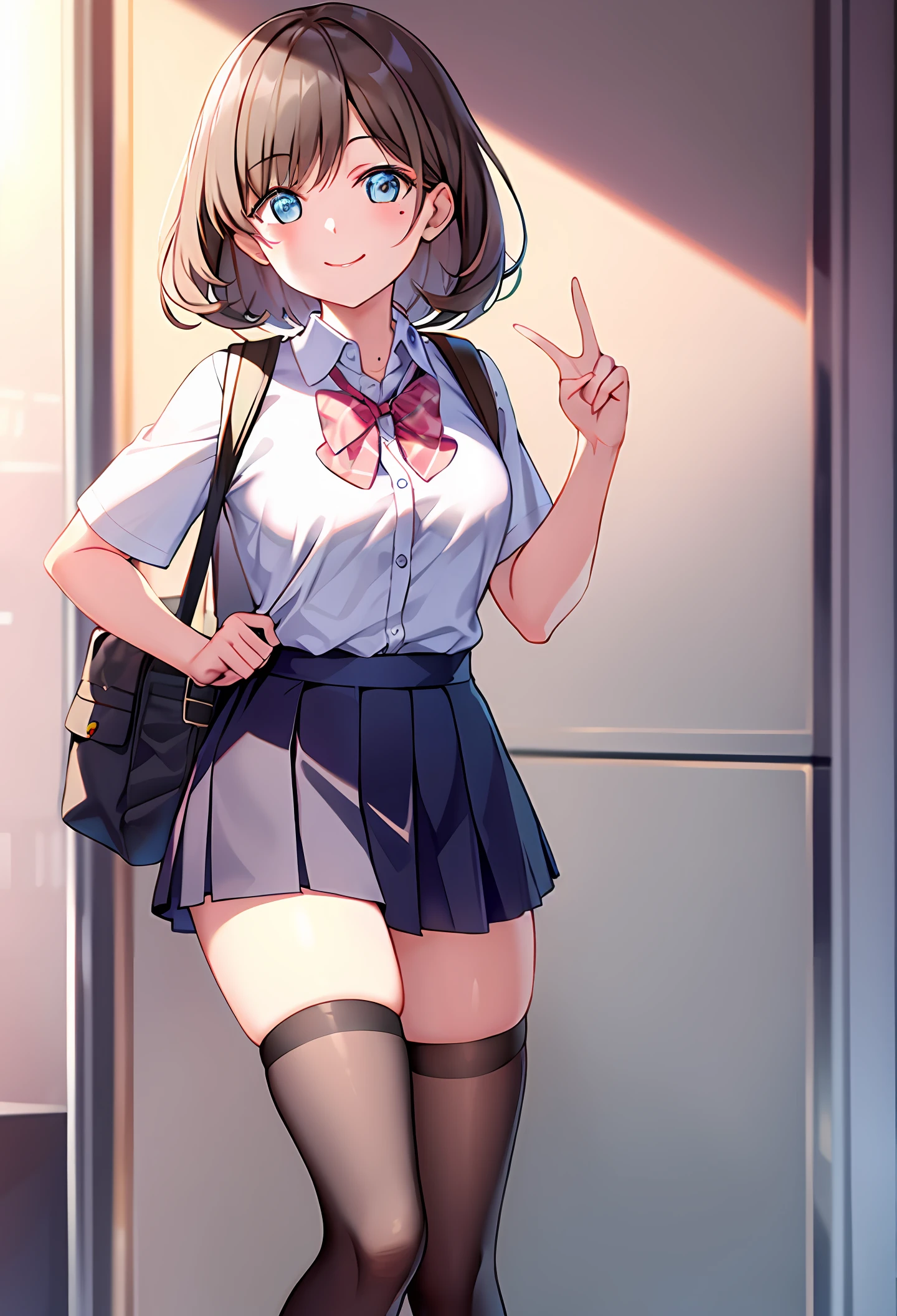 School uniform girl brunette tear mole fox eyes smile backpack short skirt stockings bow