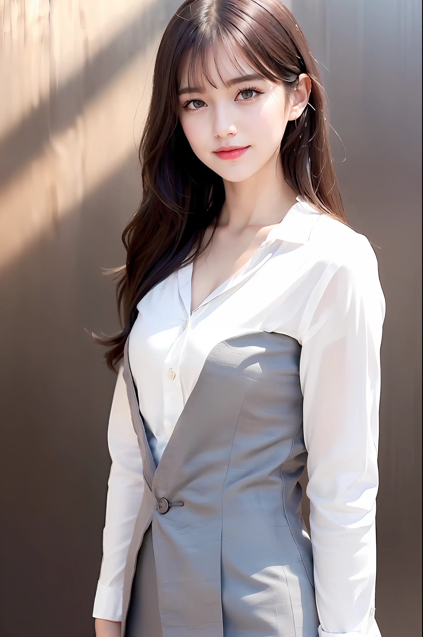 1girl,beautiful vintage color, instagram (photorealistic, high resolution:1.4), ((puffy eyes)), looking at viewer, , full body (8k, RAW photo, best quality, masterpiece:1.2), (realistic, photo-realistic:1.37),(sharp focus:1.2), professional lighting, photon mapping, radiosity, physically-based rendering, (pale skin:1.2),(small breasts:1.2), looking at viewer, (middle hair:1.5), portrait, purple eyes, (sliver hair:1.1),bangs, (simple background:1.4), solo, upper body, realistic,(masterpiece:1.4),(best quality:1.4),(shiny skin),fashi-girl,makeup,smile(skinny,closed mouth,shy :1.3) ,(standing,black Stewardess uniform,Necromancer:1.1),medium bust,sexy pose ,