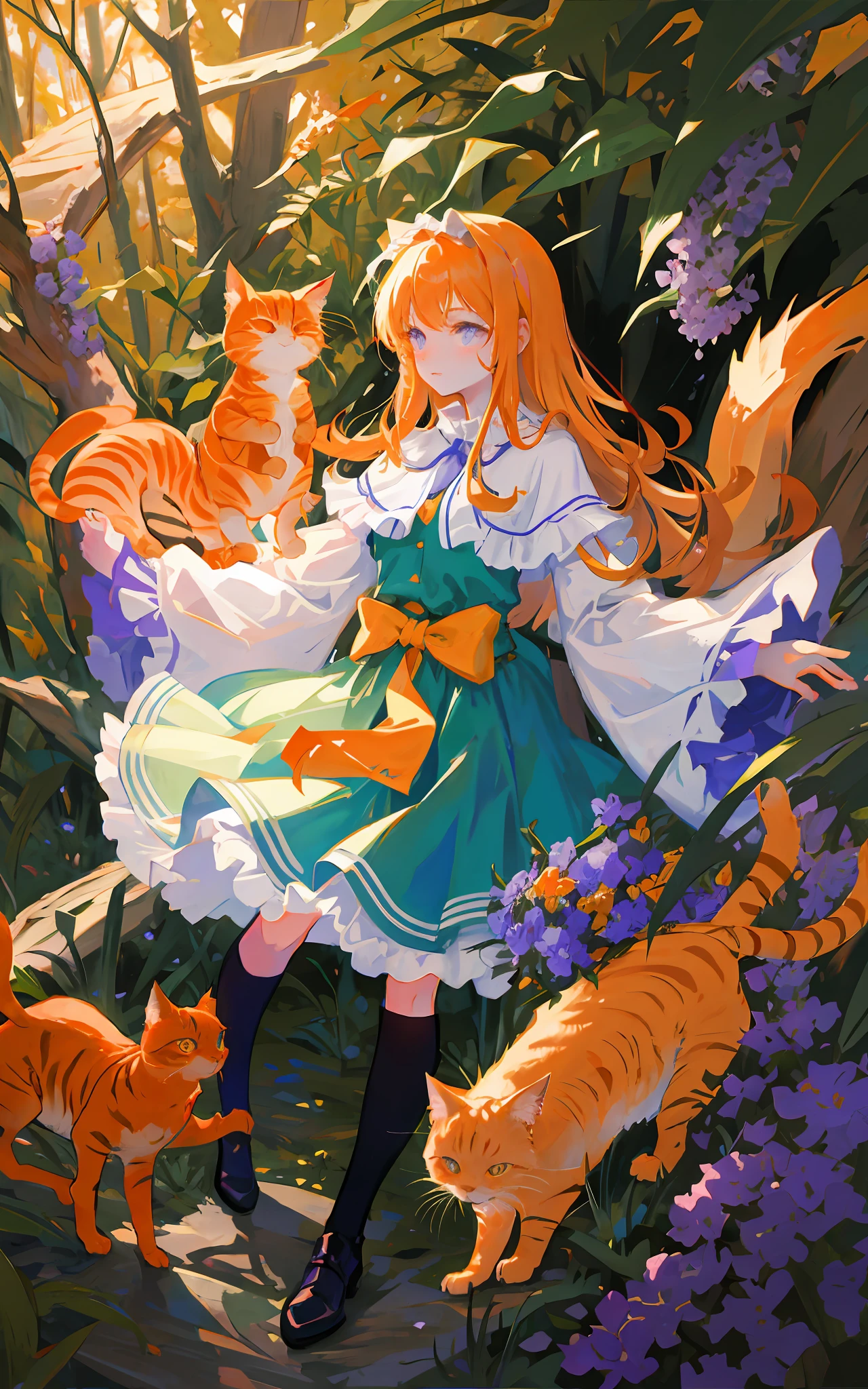 Western drawing of alice in wonderland with her orange cat in autumn in a forest with purple flowers and blue cups.