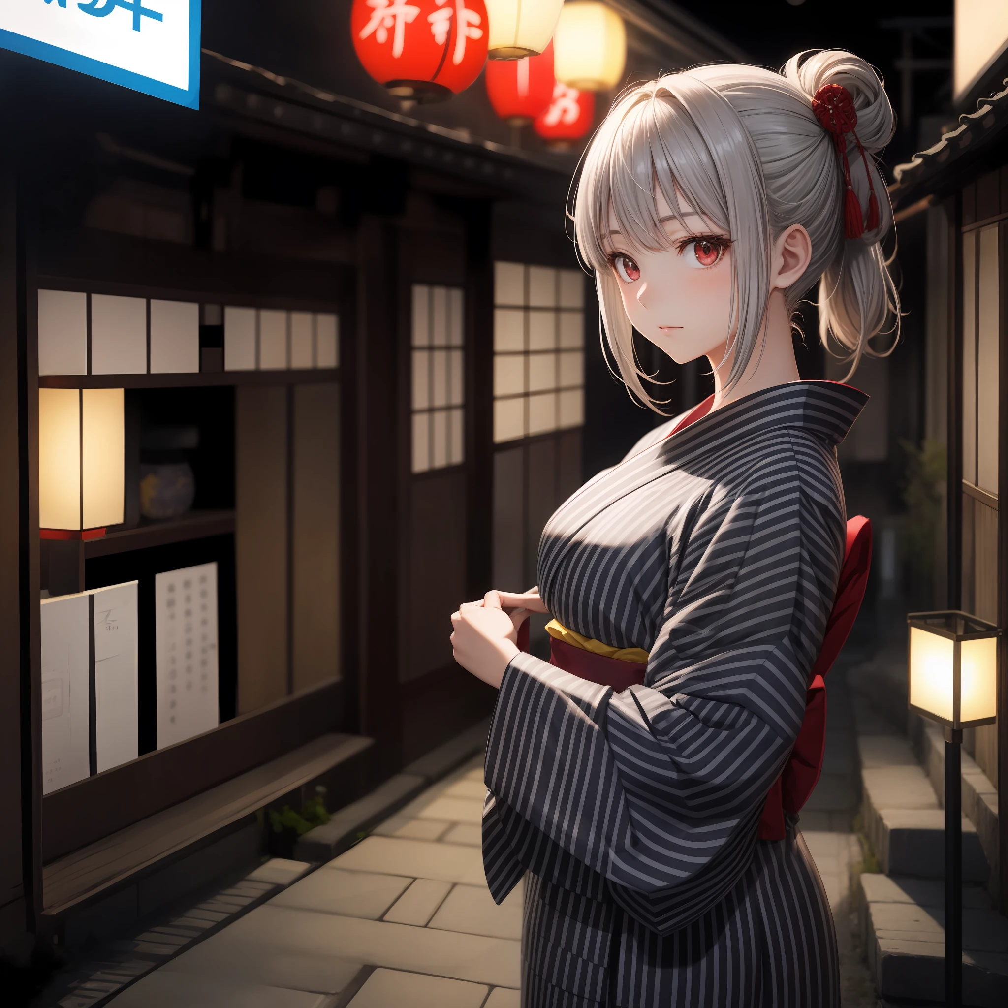 Anime, girl with gray hair and red eyes, beauty, yukata, kyoto, solo, alone, one person