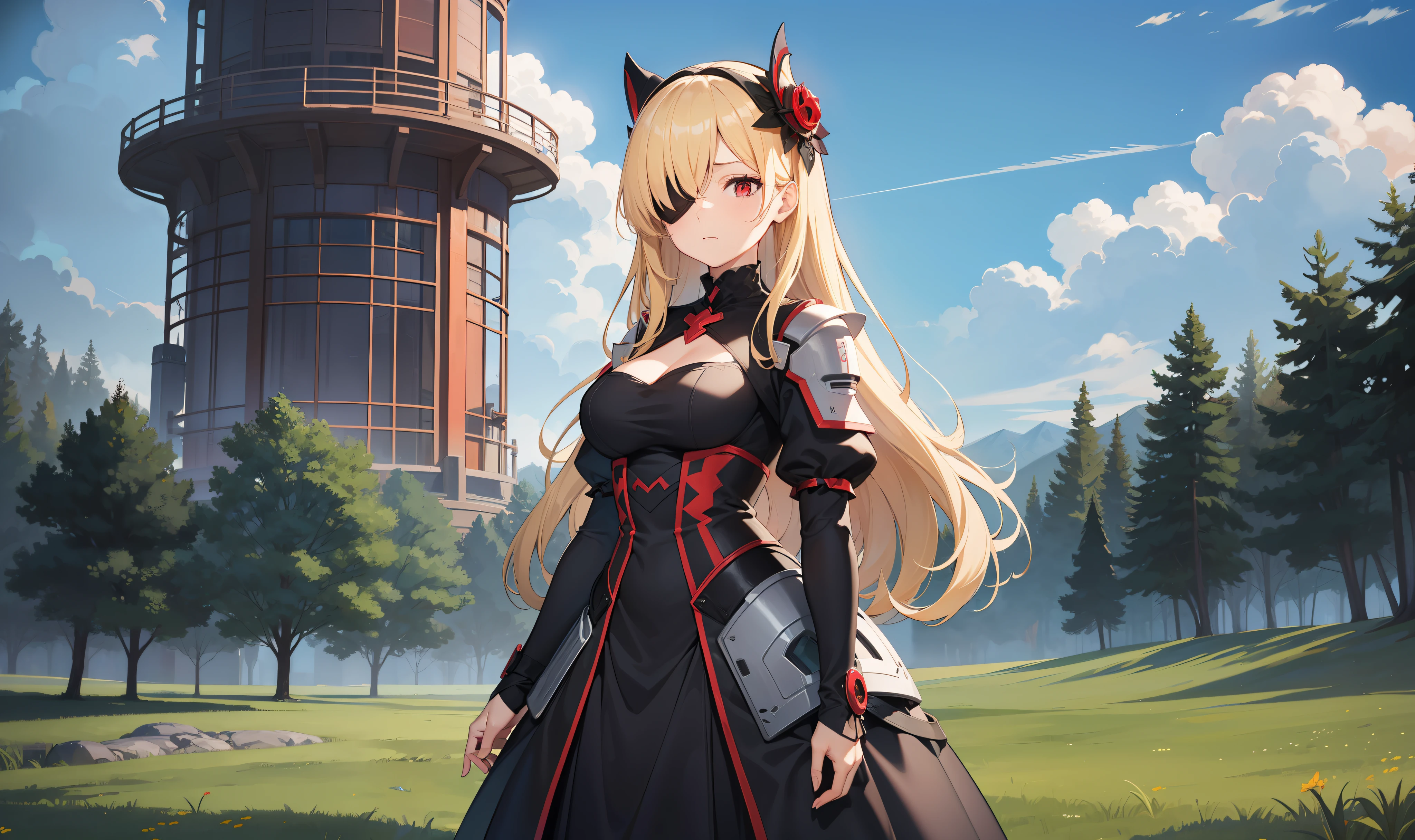 Age 30 years woman, Long blonde hair with pin doll, covering one eye by blindfold, wearing a battlesuits With 3 colors black white red, red eyes, Sleep looking at the sky on a green meadow, view of the high tower Iron, sad, high heels, best quality, masterpiece, HD, Full Body, beautiful face
