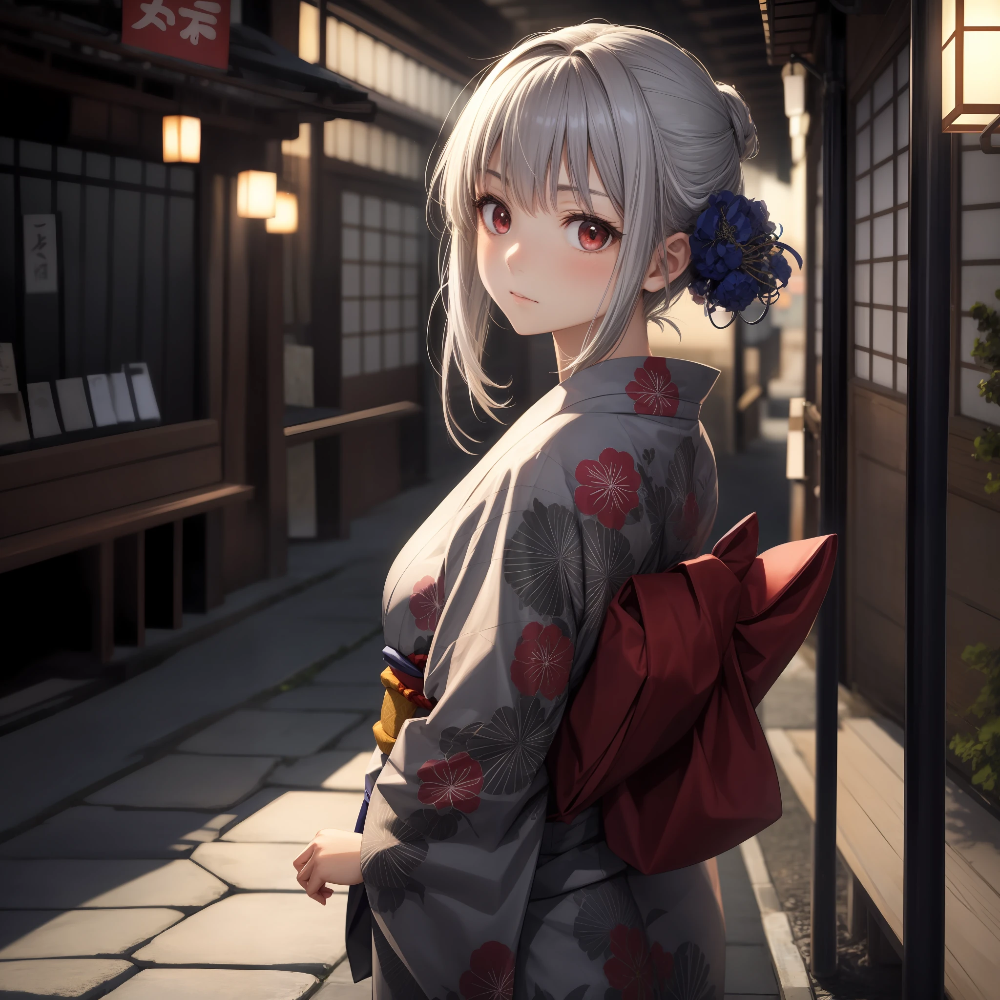 Anime, girl with gray hair and red eyes, beauty, yukata, kyoto, solo, alone, one person