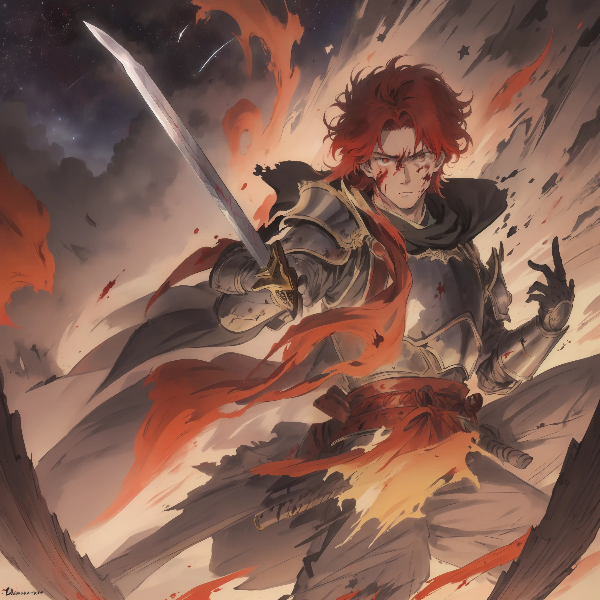 (Male human, red hair), armor made of living paint, Japanese theme, plain with stars in the background, determined eyes, broken sword, shrapnel in the air, bruised, bloodied