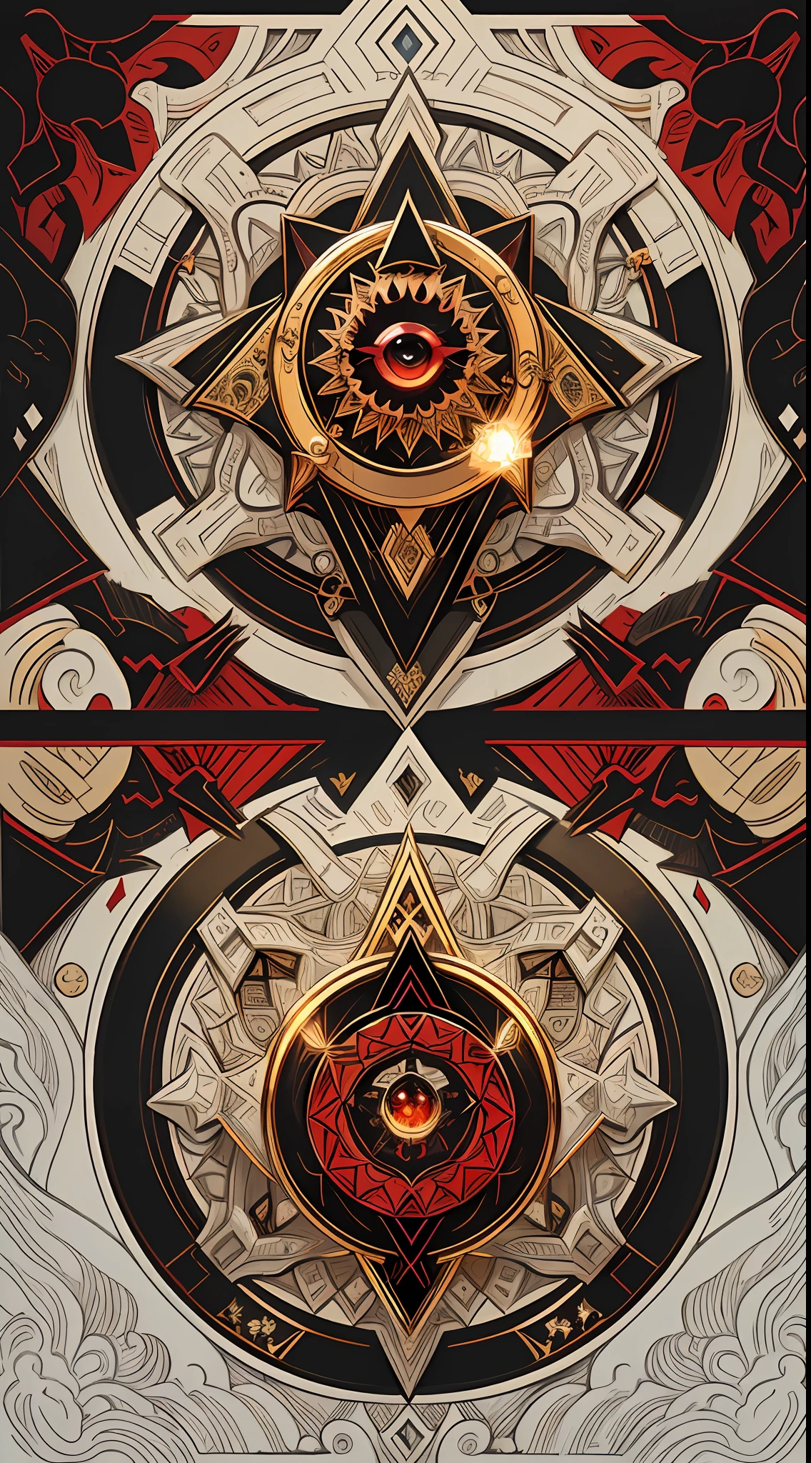 official art, 8k unit wallpaper, ultra detailed, beautiful and aesthetic, high quality, beautiful, masterpiece, best quality (zentangle, mandala, tangled, tangled: 0.6), symmetrical, mandala with the symbols of MORDOR, lord of the rings, SAURON, Volcano, Nazgul, (Sauron: 1.0), symbolization RINGS OF POWER, EYE OF SAURON in the center. symmetrical, fibonacci. Supplementary color: black, red, silver, gold, genshin impact iconographic