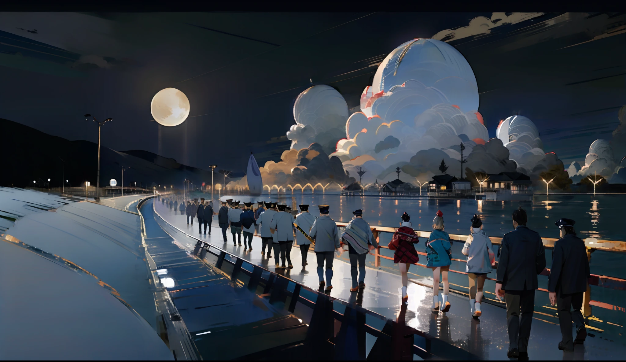 Marching at night at the pier, sleeping, a large group of people, bright moonlight, few clouds