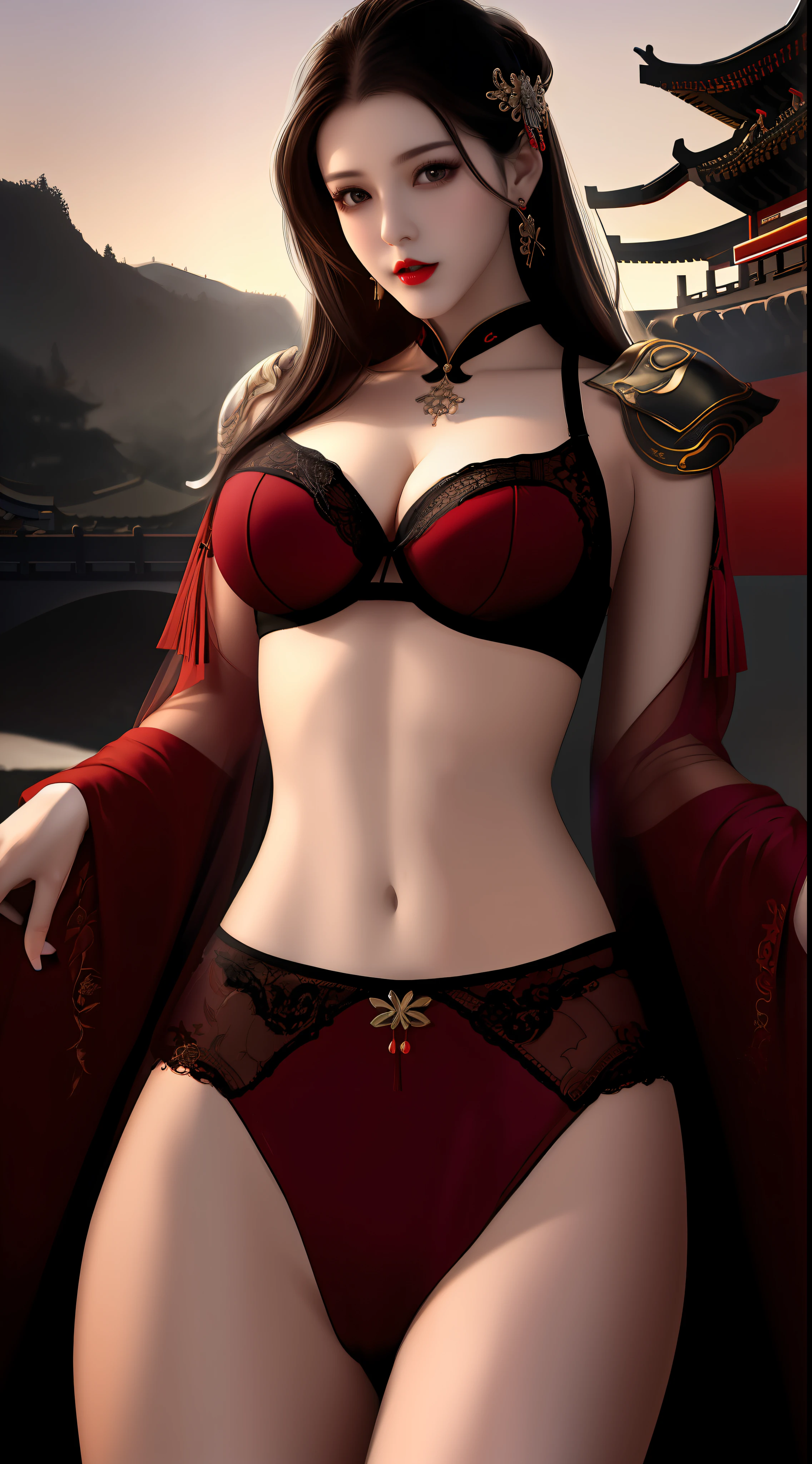 Realistic, 1 girl, see-through chinese armor soft red black, very large breasts, black hair, red lips, detailed eyes , dark backgrou,,Low light, Chinese underwear, best face, Low light landscape, sexy style, royal, Penetration , chinese underwear,bust, Dark background, Detailed face, taken from the belly up