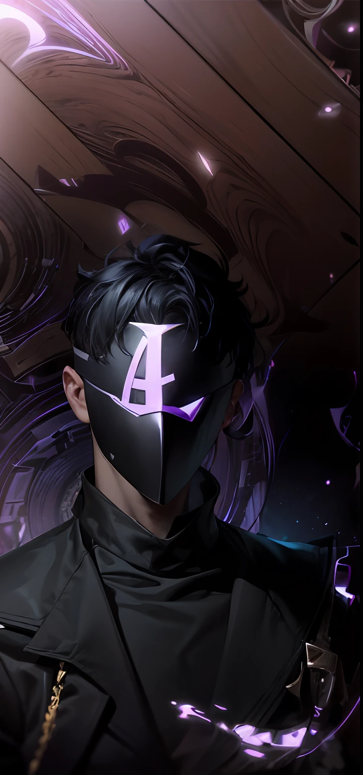 A young man with short black hair with a mask covering his entire face, on the mask there is a purple L, ( ( mask ) ), mask vega, light face [[purple]] [mask], mask without sharpness, unknown art style, anime style. 8k, visor, mask is complete, dark background, shadow world background, purple, purple L, man, short hair,