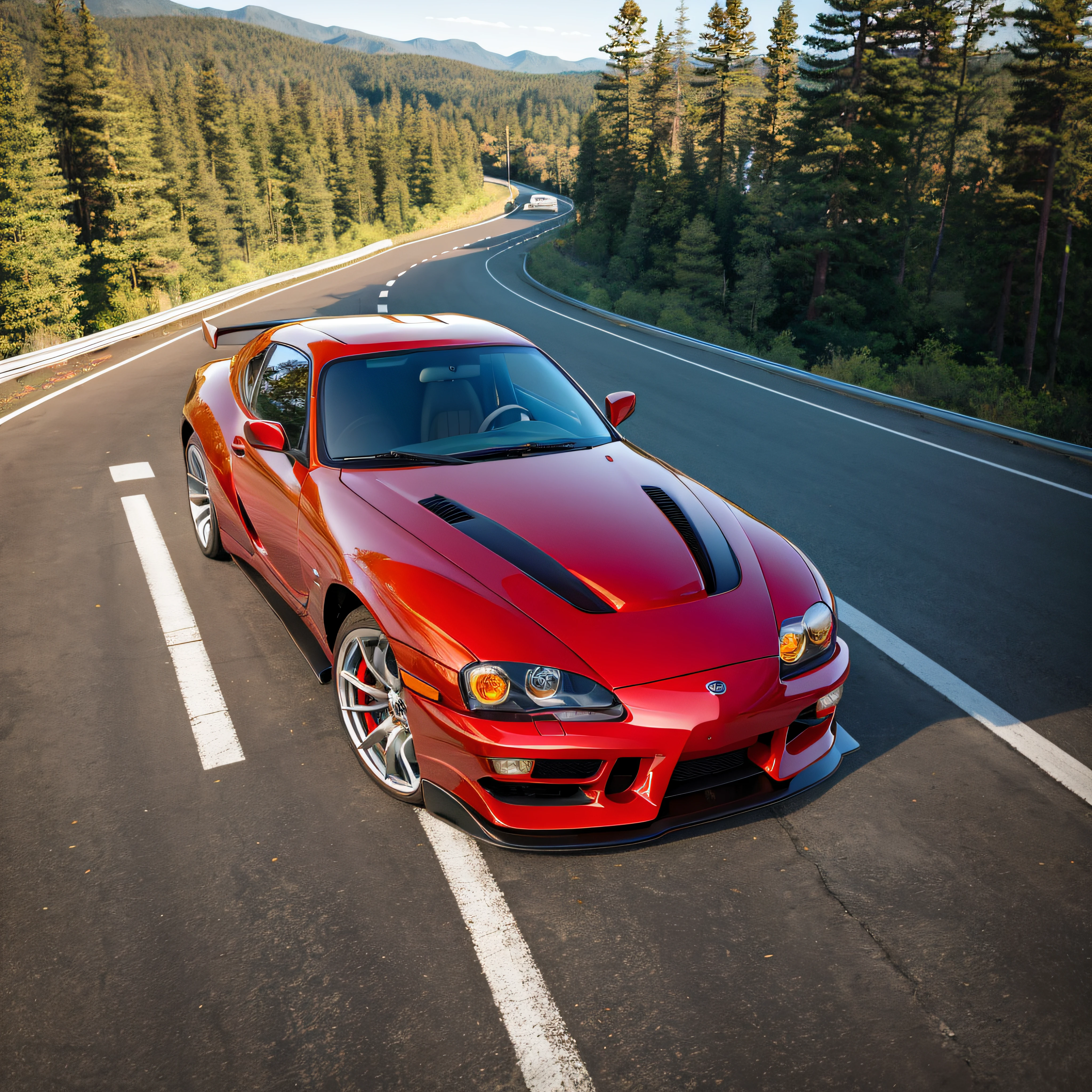 red sports car driving down a road with trees in the background, Toyota Supra, full view of a sports car, front perspective, front shot, cinematic front shot, automotive photography, wide body, vehicle photography, front, full view of a car, a full wide shot, front profile picture, on a street race track