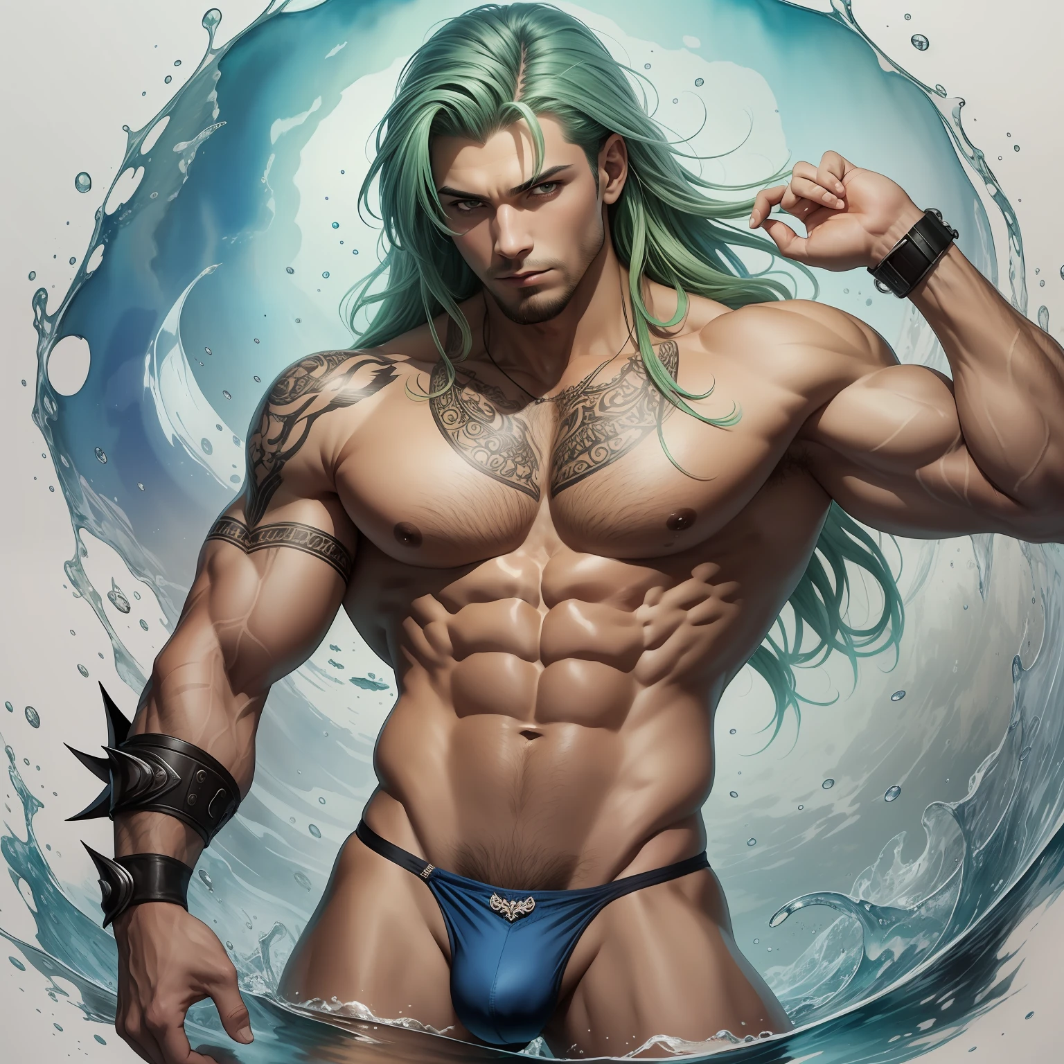 (masterpiece, best quality), 1boy, wearing micro thong, full mast, erect bulge, see-through thong , mushroom water world, wide angle, athletic body, male, iridescent skin, flat chest, silver eyes, green hair styled in spikes, determined expression, bioluminescent lighting, small waist, broad chest, big mane, slim scruffy, muscular , illustration, watercolor ink sketch, (best quality)), intricate detailed,solo, masterpiece,