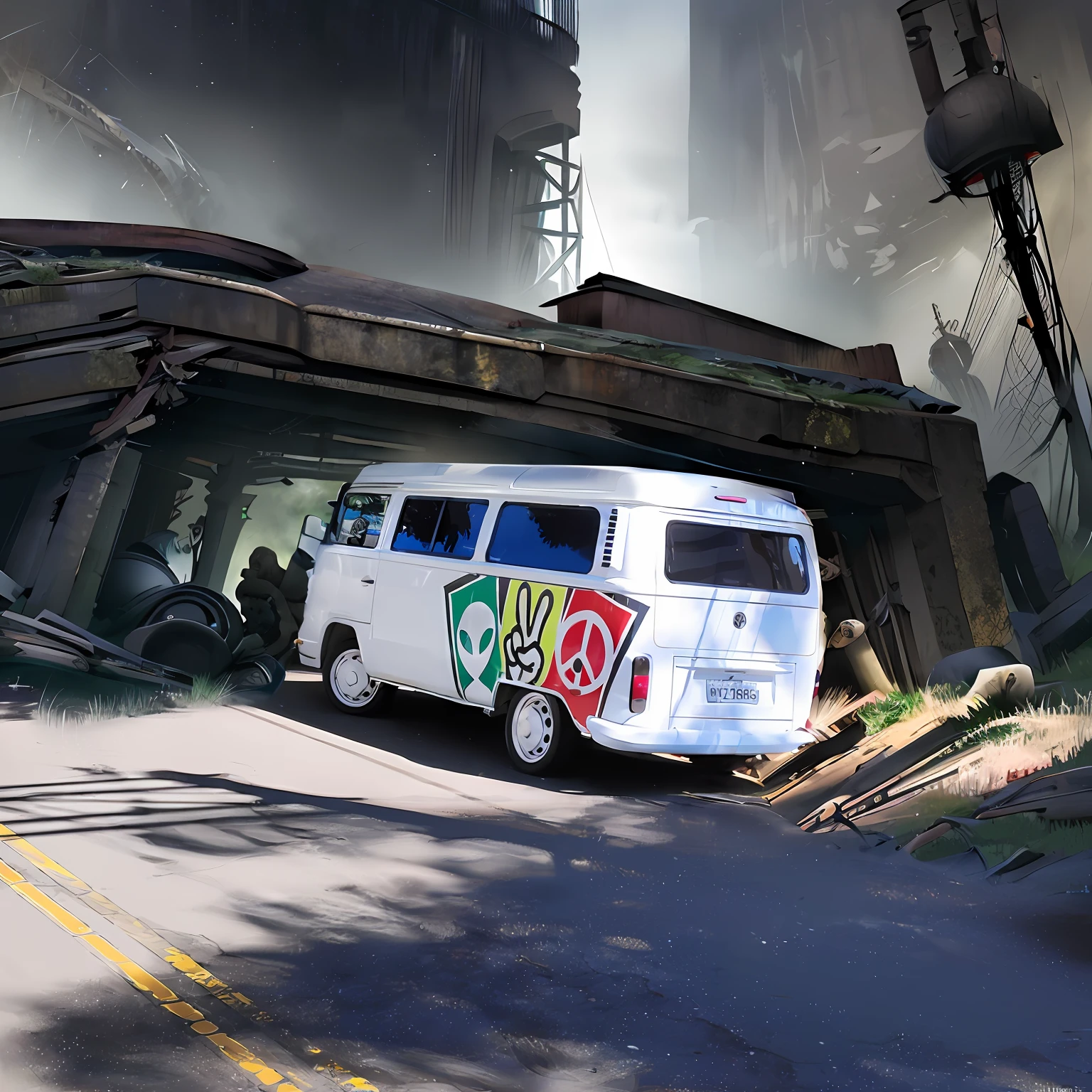 ((three-quarters view)), (dark sunset), driving on a dirt road, (city in ruins), 1969, ((horror film)), slasher film, chainsaw massacre, amish cult, film grain, retro, high detail, sharp focus, ((photorealism)), realistic, best quality, 8k, award-winning, dramatic lighting, epic, cinematic, masterpiece, ambient mist: 1.4,