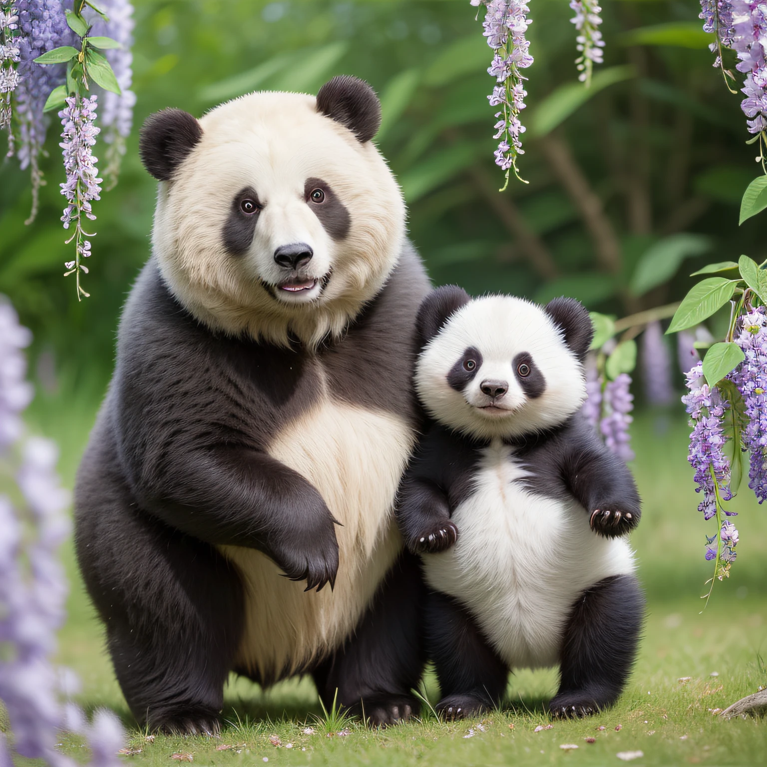 8K, 1 juvenile bear, cute (shiny and shiny hair: 1.5), (exquisite detail depiction: 1.5), cute giant panda named Waka, characteristics of giant panda, round body, white short tail, black limbs, standing on both feet, smiling at the audience, in the wisteria forest, grass, wide-angle lens, HD picture quality, exquisite detail description