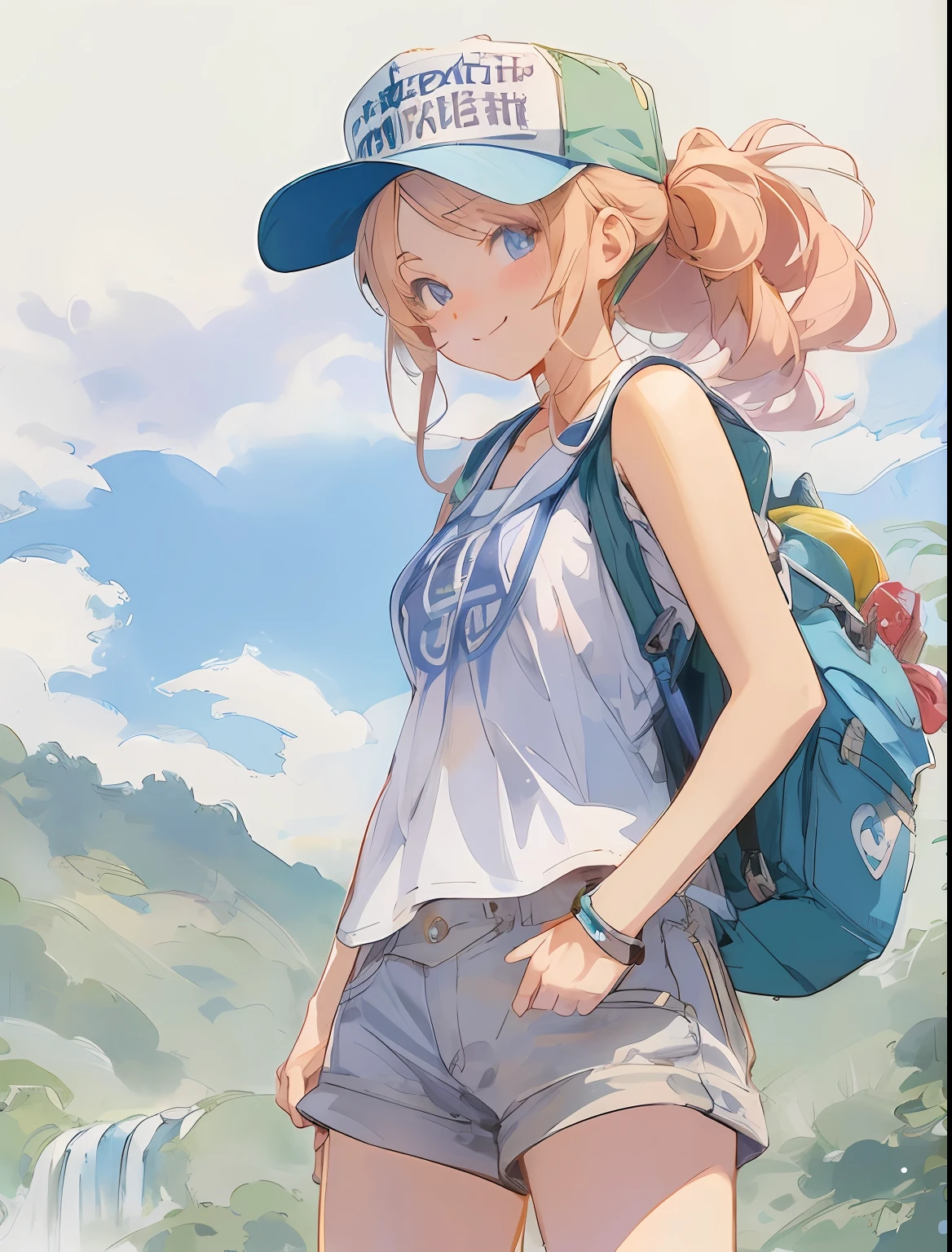 Anime girl with backpack and backpack standing in front of waterfall, smile, beautiful anime girl, anime girl, detailed anime character art, cute anime girl, charming anime girl, cute anime girl, portrait anime girl, young anime girl, clean detailed anime art, style anime, beautiful anime portrait, Cute girl anime visuals, anime girl desktop background, anime illustration