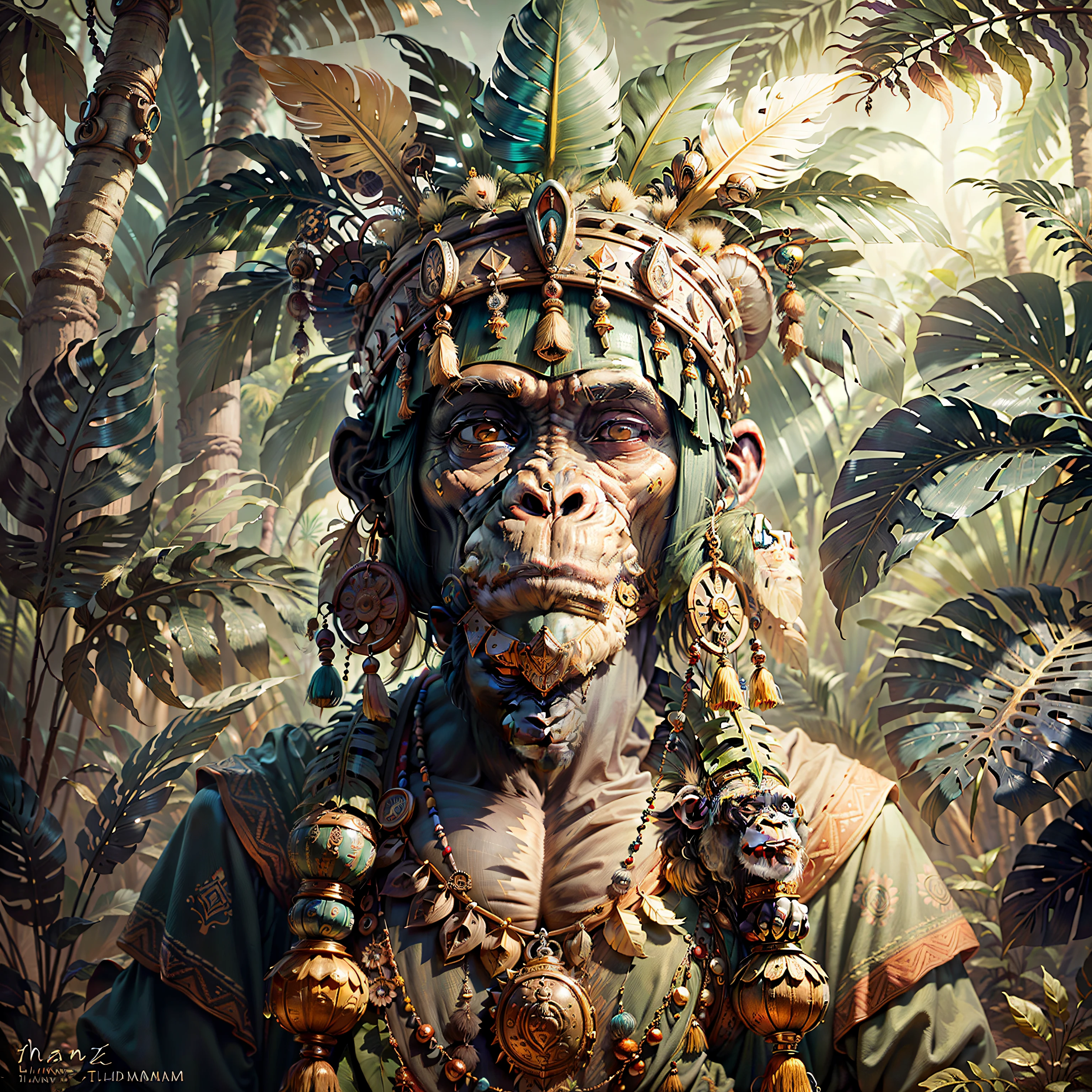 Chimpanzee head praying ((Shaman)),((meditative state),,Shaman, elegant chimpanzee, hair with details, with Indian headdress on head, ((meditating)) many colorful feathers, colorful feathers, facing the camera, detail: dense tropical foliage, highly detailed intricate, ((masterpiece)), ultra hyperrealistic, masterpiece