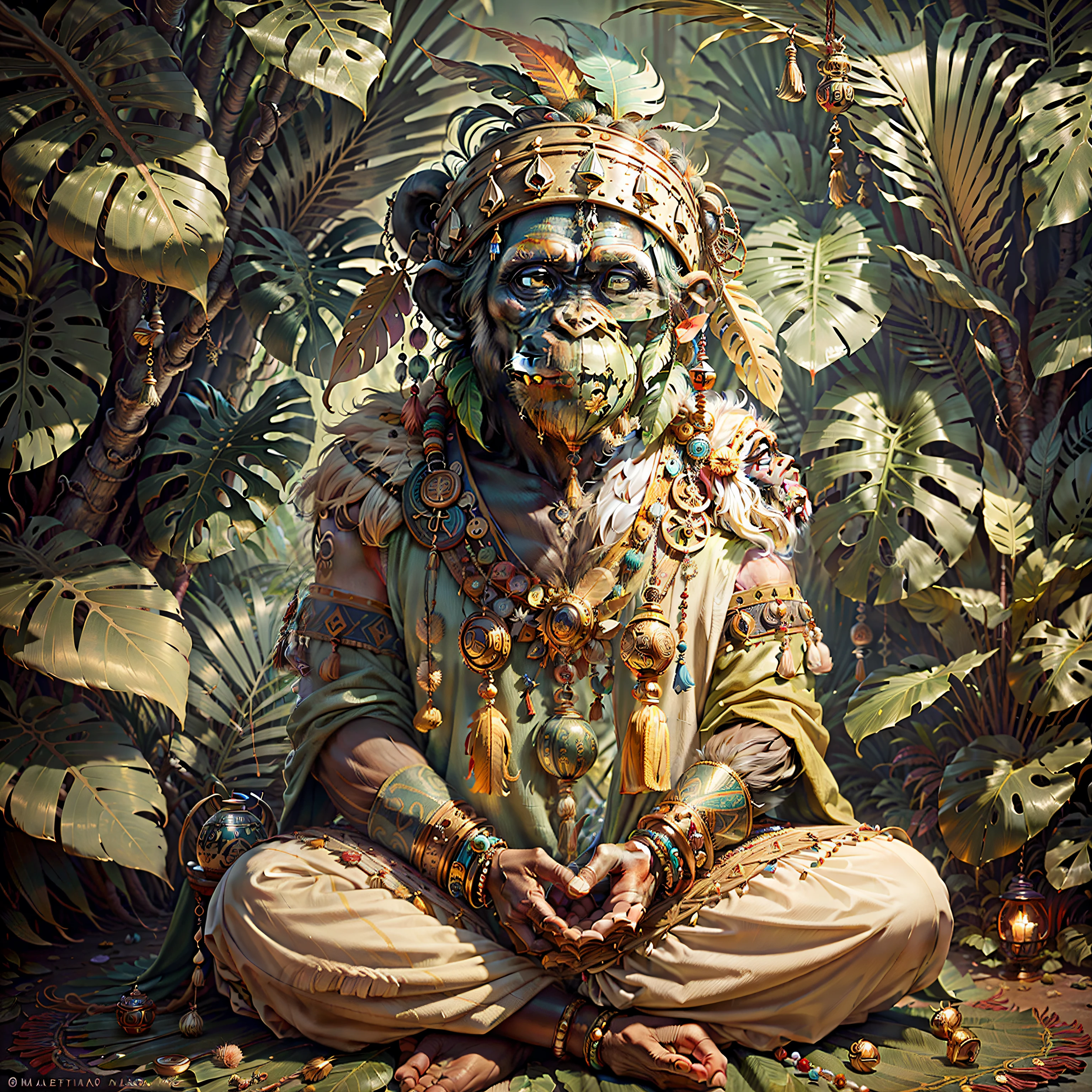 Chimpanzee head praying ((Shaman)),((meditative state),,Shaman, elegant chimpanzee, hair with details, with Indian headdress on head, ((meditating)) many colorful feathers, colorful feathers, facing the camera, detail: dense tropical foliage, highly detailed intricate, ((masterpiece)), ultra hyperrealistic, masterpiece