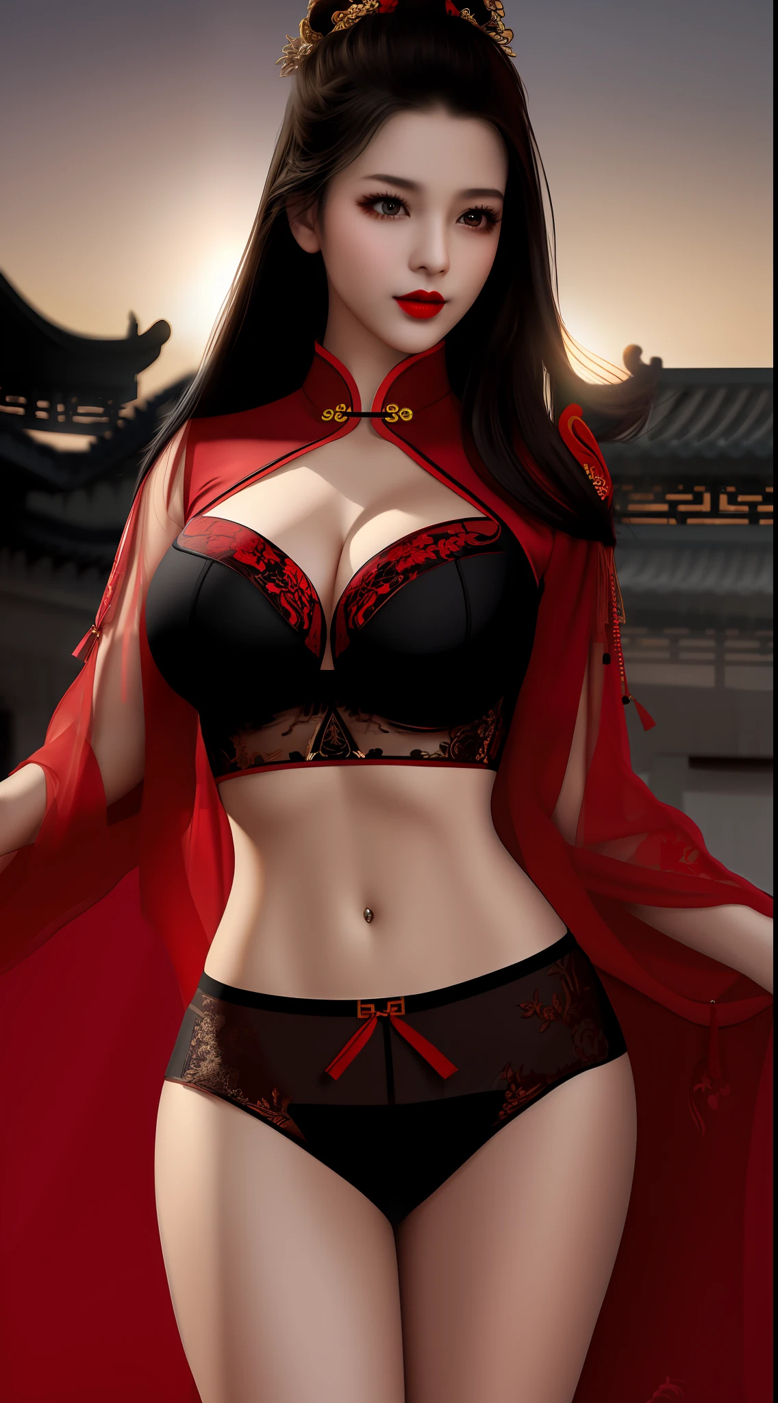Realistic, 1 girl, see-through chinese armor soft red black, very large breasts, black hair, red lips, detailed eyes , dark backgrou,,Low light, Chinese underwear, best face, Low light landscape, sexy style, royal, Penetration , chinese underwear,bust, Dark background, Detailed face, taken from the belly up