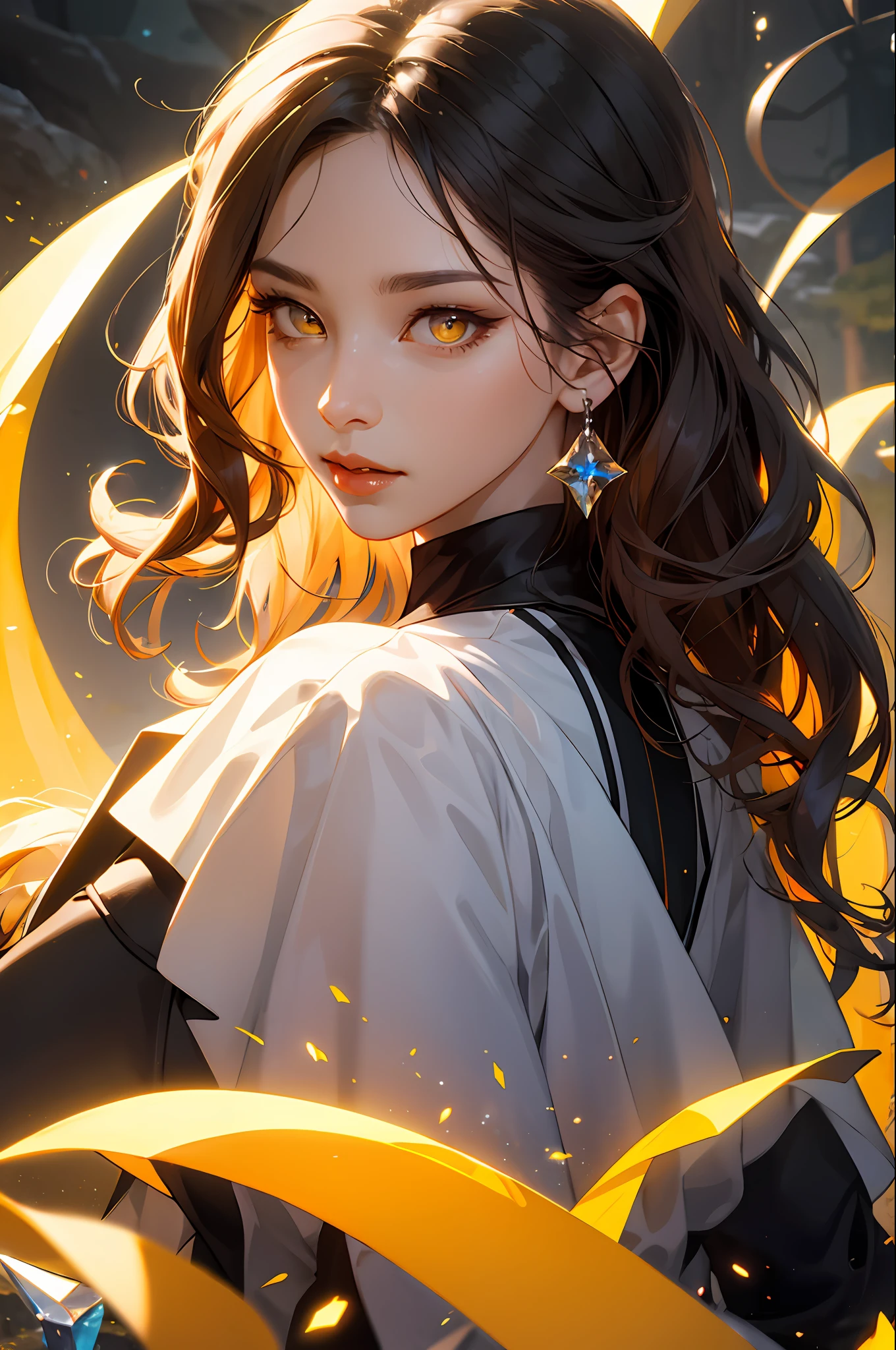 1woman .colorful eyes, yellow wavy long hair, crystal canyon background, looking at viewer,extremely detailed CG unity 8k wallpaper