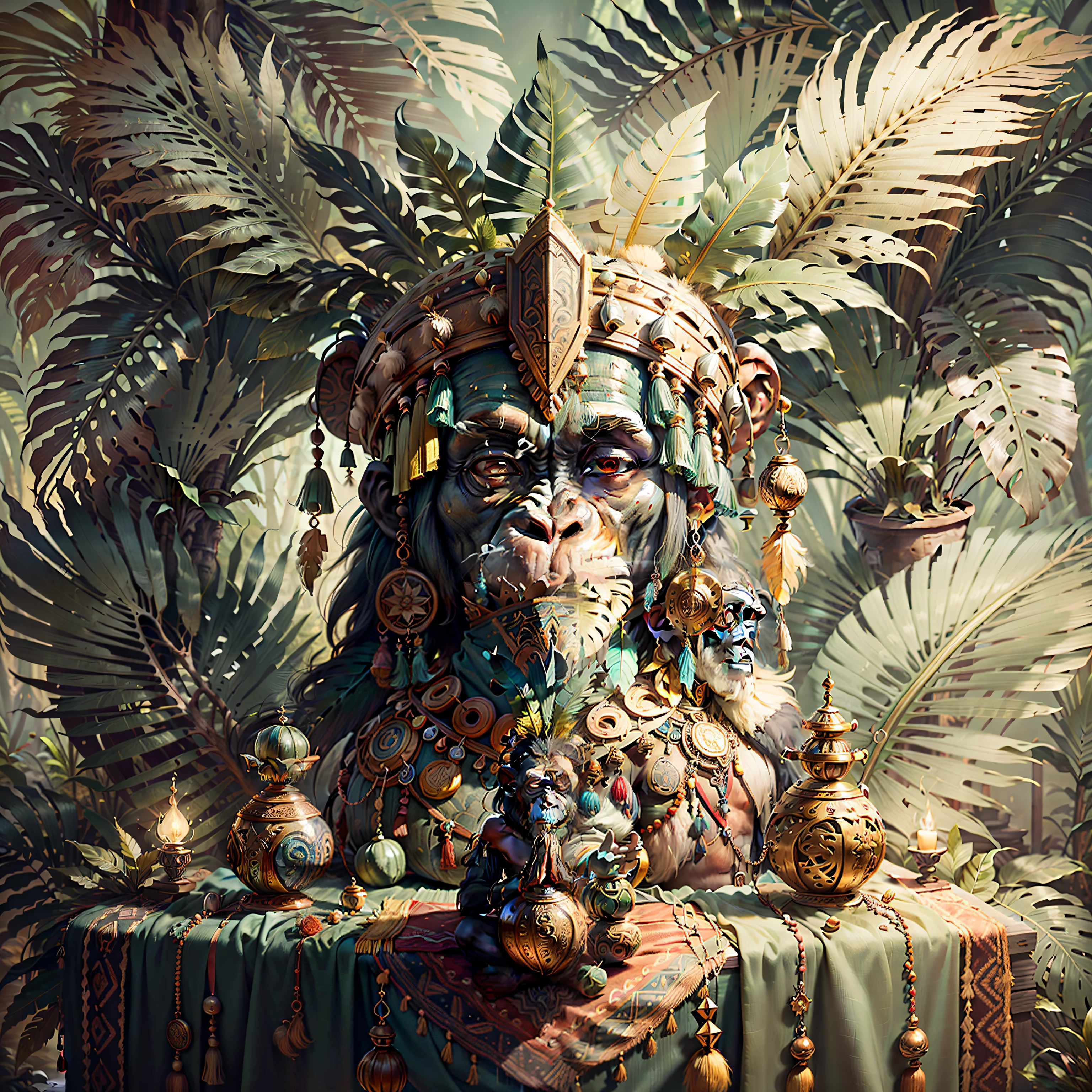 Chimpanzee head praying ((Shaman)),((meditative state),,Shaman, elegant chimpanzee, hair with details, with Indian headdress on head, ((meditating)) many colorful feathers, colorful feathers, facing the camera, detail: dense tropical foliage, highly detailed intricate, ((masterpiece)), ultra hyperrealistic, masterpiece