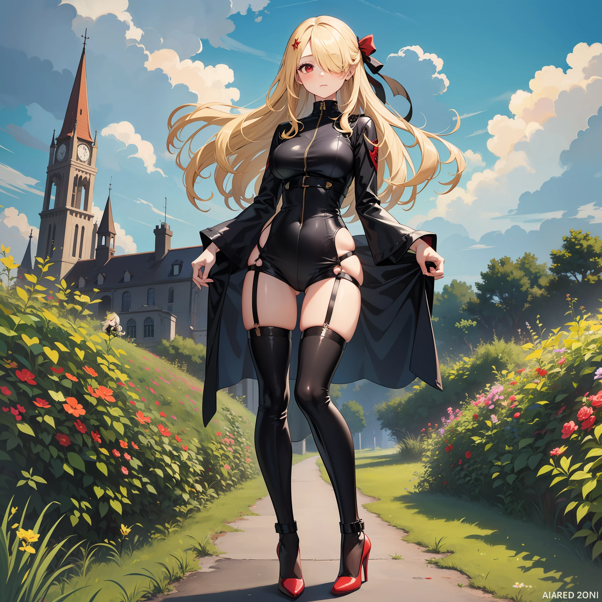 Age 30 years woman, Long blonde hair with pin doll, covering one eye by blindfold, wearing a full ???????? With 3 colors black white red, red eyes, Sleep looking at the sky on a green meadow, view of the high tower Iron, sad, high heels, best quality, masterpiece, HD, Full Body, beautiful face