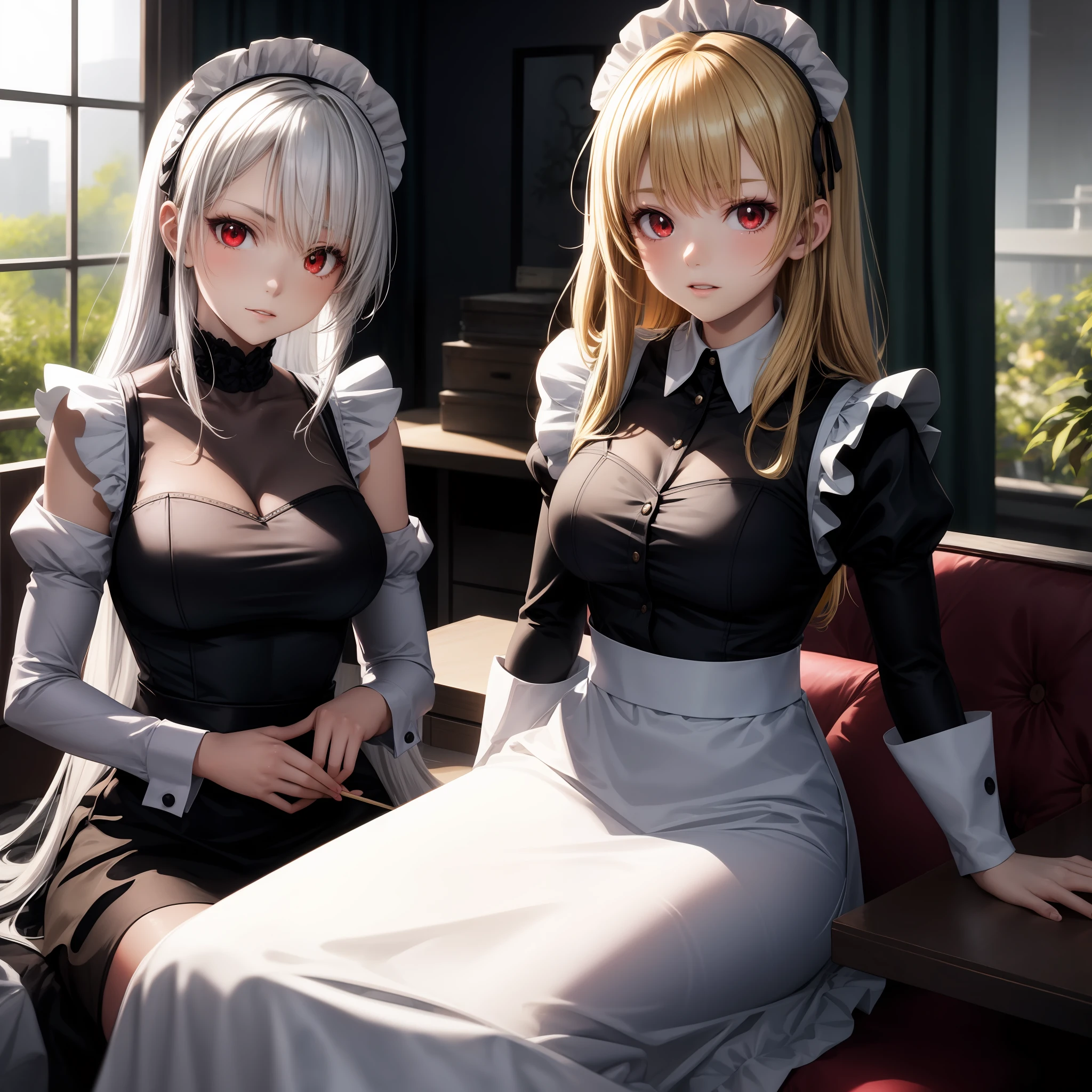 anime, girl, blonde girl with red eyes, girl with white hair with red eyes, maid clothes, daylight, sun