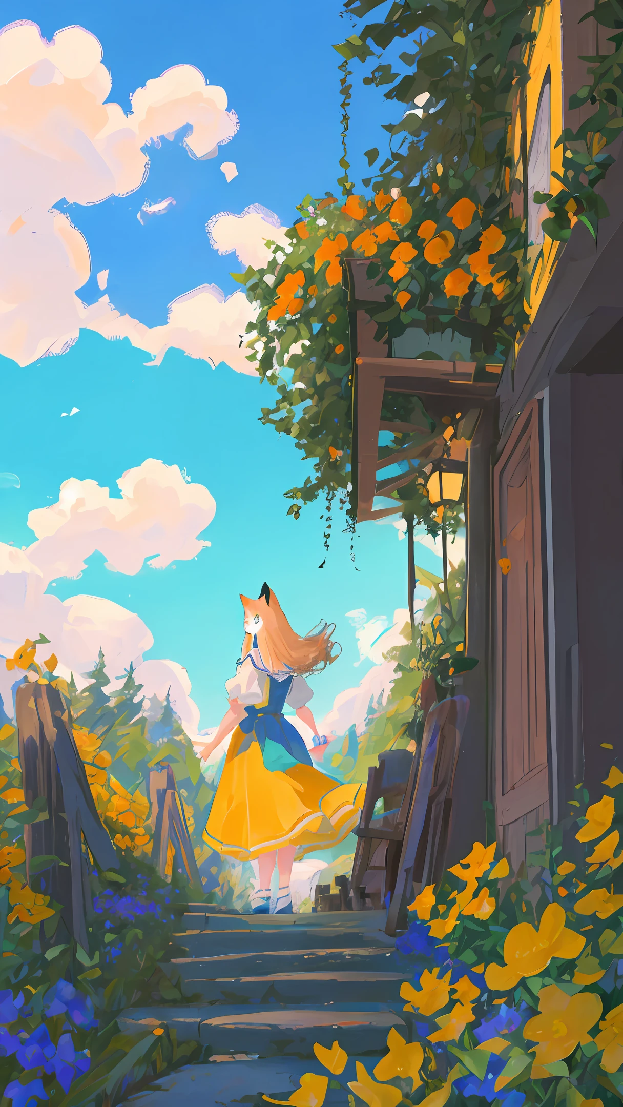 Alice in wonderland with her orange cat, decks, blue cups, purple and yellow flowers in the forest, with blue sky and full of white clouds.
