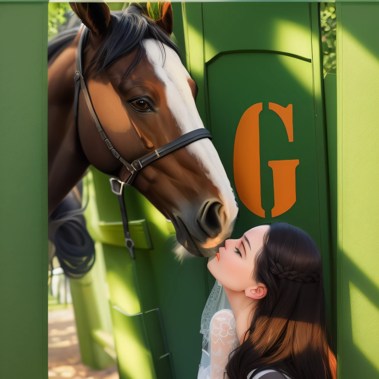 there is a woman kissing a horse in front of a green fence, , , profile picture, black hair, unusual composition, photo - shot, horse whiskers, horse in the background, with horse led, rider bojack in real life, facebook post, is very huge, 👰 ❌ 🍃 🏇 🐎🍑 kissing together cutely