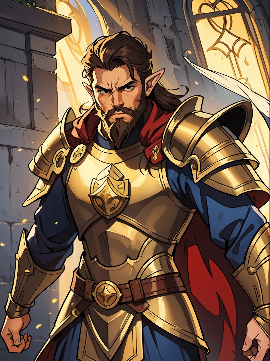 a brown elf man a paladin warrior he is a warrior of faith with a powerful armor and magic runic and with long silky hair with a beard well-defined masculine features a warrior of faith in a medieval castle with a divine golden light illuminating the environment divine magic light light of faith paladin power magic