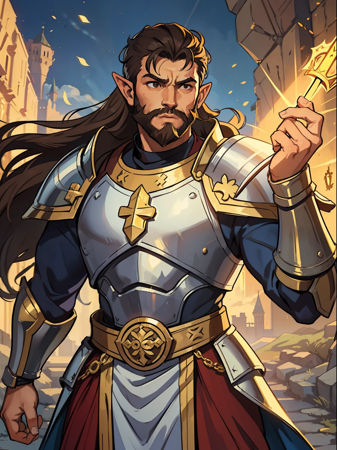 a brown elf man a paladin warrior he is a warrior of faith with a powerful armor and magic runic and with long silky hair with a beard well-defined masculine features a warrior of faith in a medieval castle with a divine golden light illuminating the environment divine magic light light of faith paladin power magic