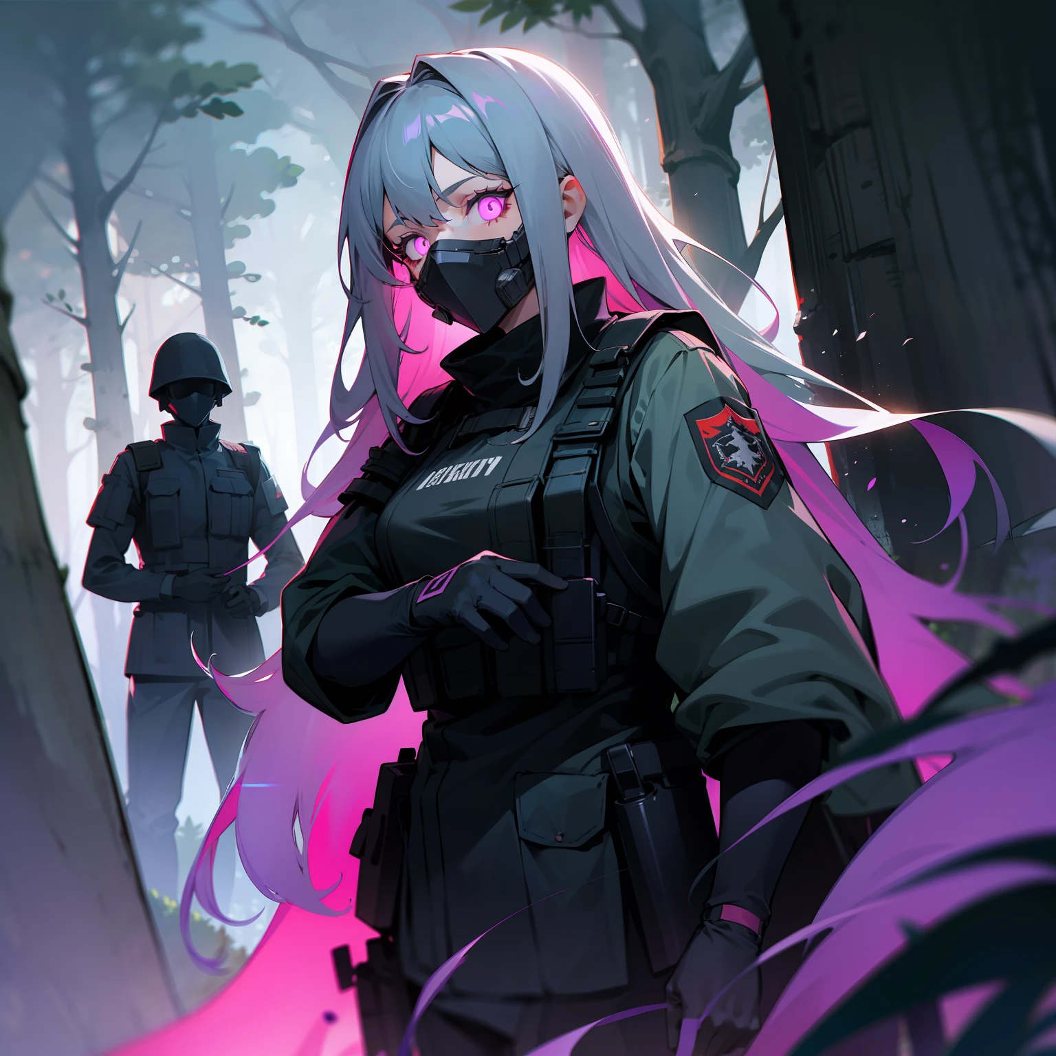 1girl, long gray hair, military gear, tactical vest, black clothes, oxygen mask, black gloves, glowing purple eyes, mechanized, forest, group of soldiers, hiding, darkness, night, trees
