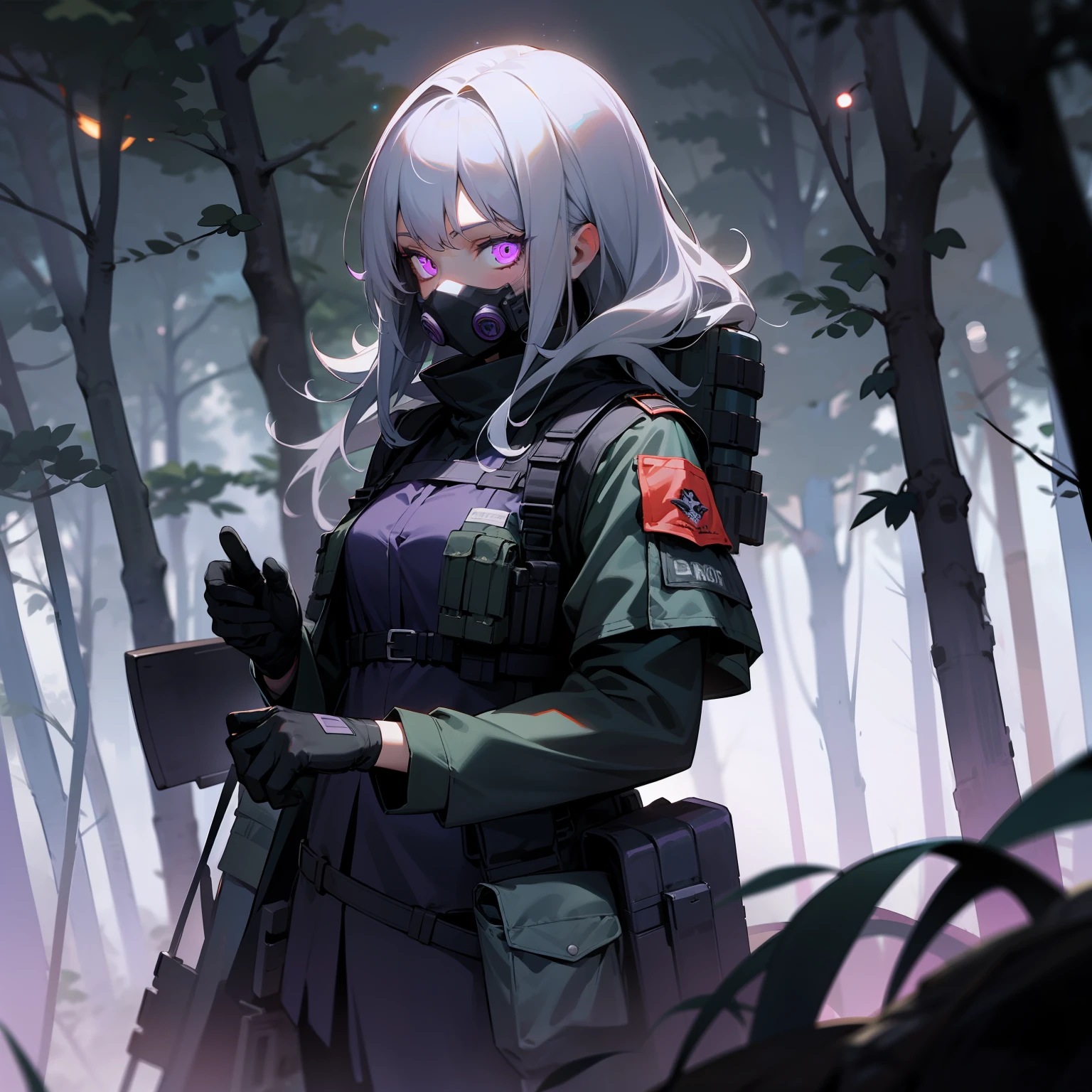 1girl, long gray hair, military gear, tactical vest, black clothes, oxygen mask, black gloves, glowing purple eyes, mechanized, forest, group of soldiers, hiding, darkness, night, trees