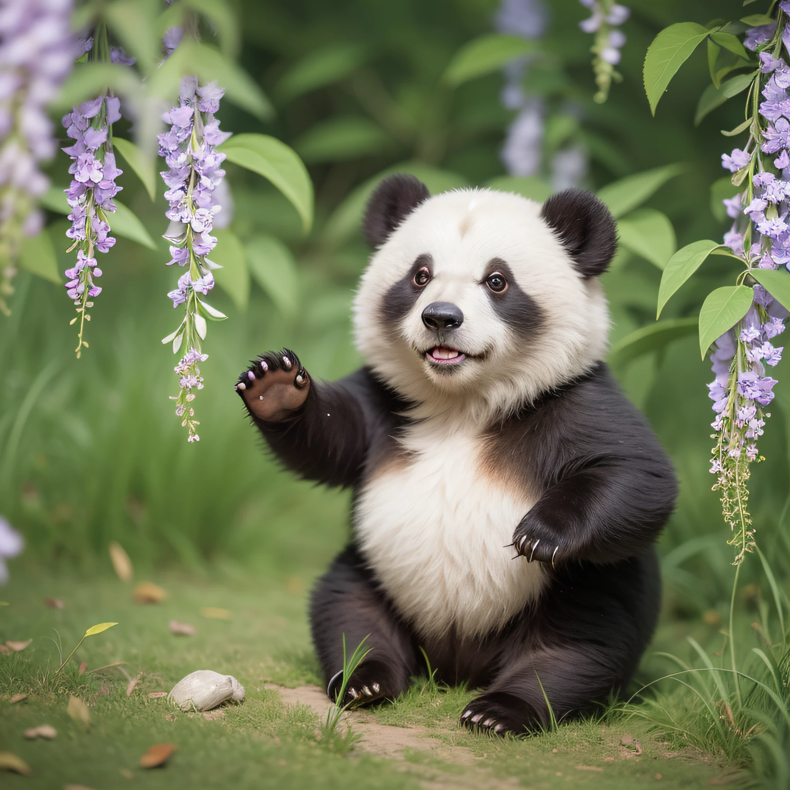 8K, 1 juvenile bear, cute (shiny and shiny hair: 1.5), (exquisite detail depiction: 1.5), cute giant panda named Waka, characteristics of giant panda, round body, white short tail, black limbs, standing on both feet, smiling at the audience, in the wisteria forest, grass, wide-angle lens, HD picture quality, exquisite detail description
