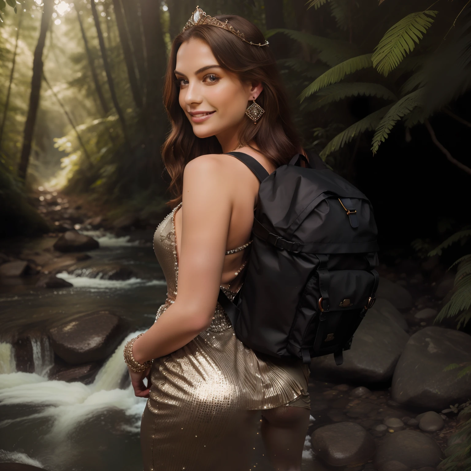 (photorealistic:1.1) best quality, masterpiece, ultra high res, 1girl, Beautiful young woman looking back over her shoulder and smiling while hiking next to a stream in a dense forest, long elegant hair, wearing a blonze evening gown and hiking boots, ((wearing black backpack)), lush vegetation, beautiful woman, stunning scenery, bronze sequined evening gown (sleeveless, intricately detailed, embellished with rhinestones), sparkling diamond jewelry (tiara, earrings, necklace, bracelet)
