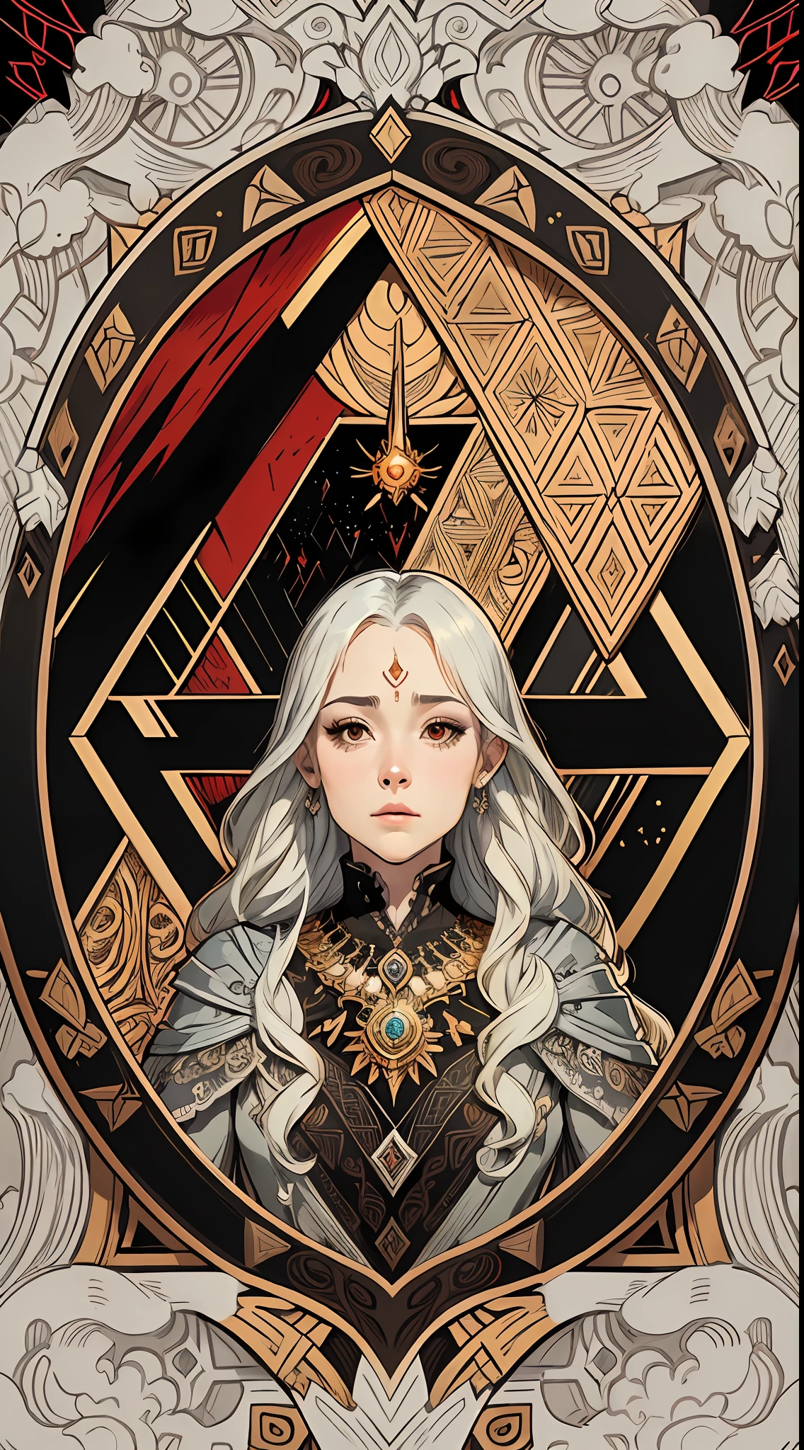 official art, 8k unit wallpaper, ultra detailed, beautiful and aesthetic, high quality, beautiful, masterpiece, best quality (zentangle, mandala, tangled, tangled: 0.6), symmetrical, mandala with the symbols of MORDOR, lord of the rings, SAURON, Volcano, Nazgul, (Sauron: 1.0), symbolization RINGS OF POWER, EYE OF SAURON in the center. symmetrical, fibonacci. Supplementary color: black, red, silver, gold, genshin impact iconographic