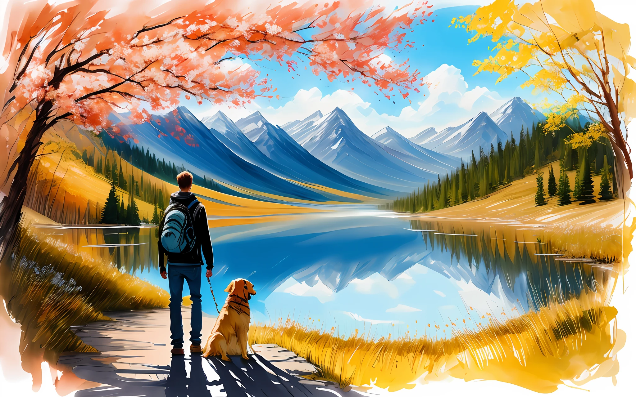 (drybrush speed painting)+, realistic anime style lone hiker with his golden retriever looking out at a grand lake, paint (strokes)+, warm, loving, facing away, spring colors