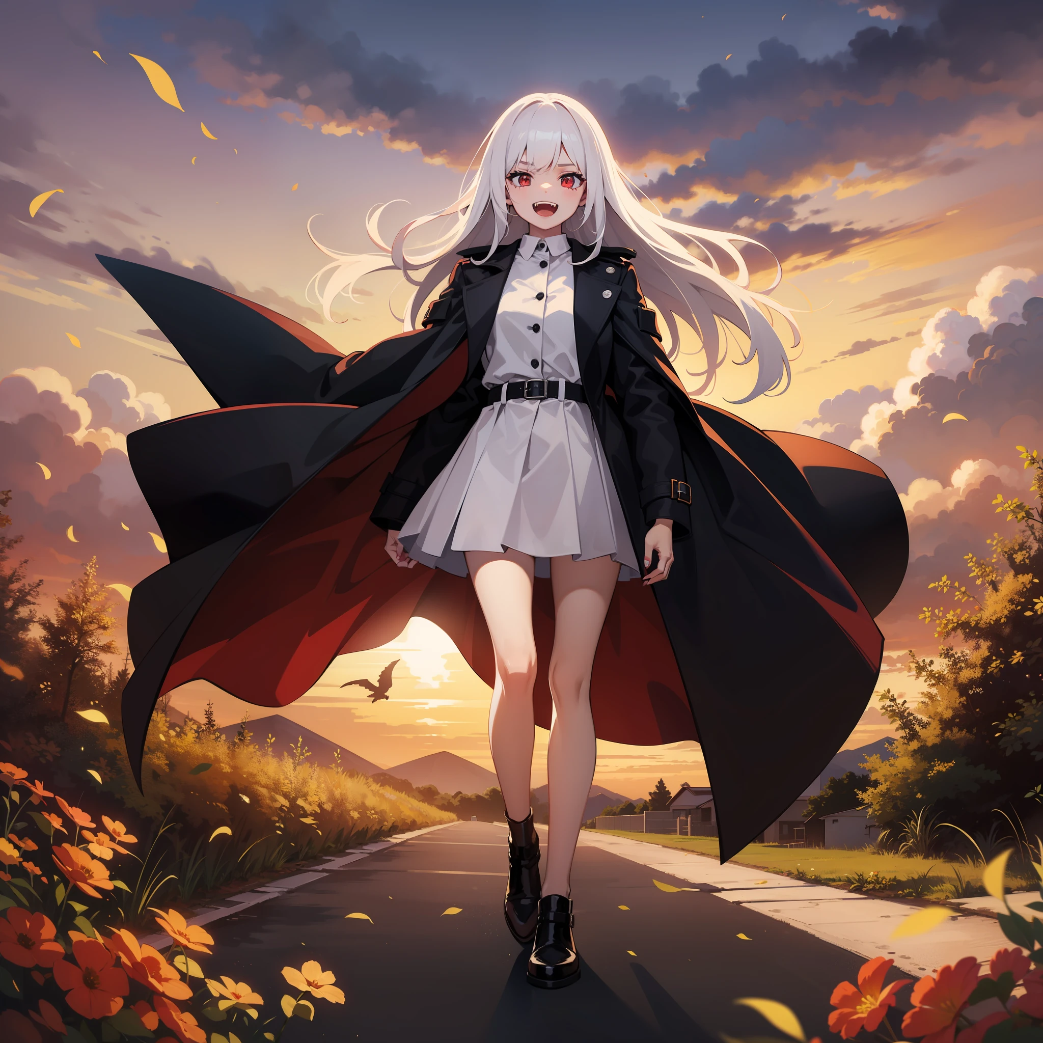 A girl, demon, white hair, long hair, dark red eyes, surrounded by hell, wearing a trench coat, hair fluttering in the wind, trench coat fluttering in the wind, full body portrait, sideways, laughter, fangs