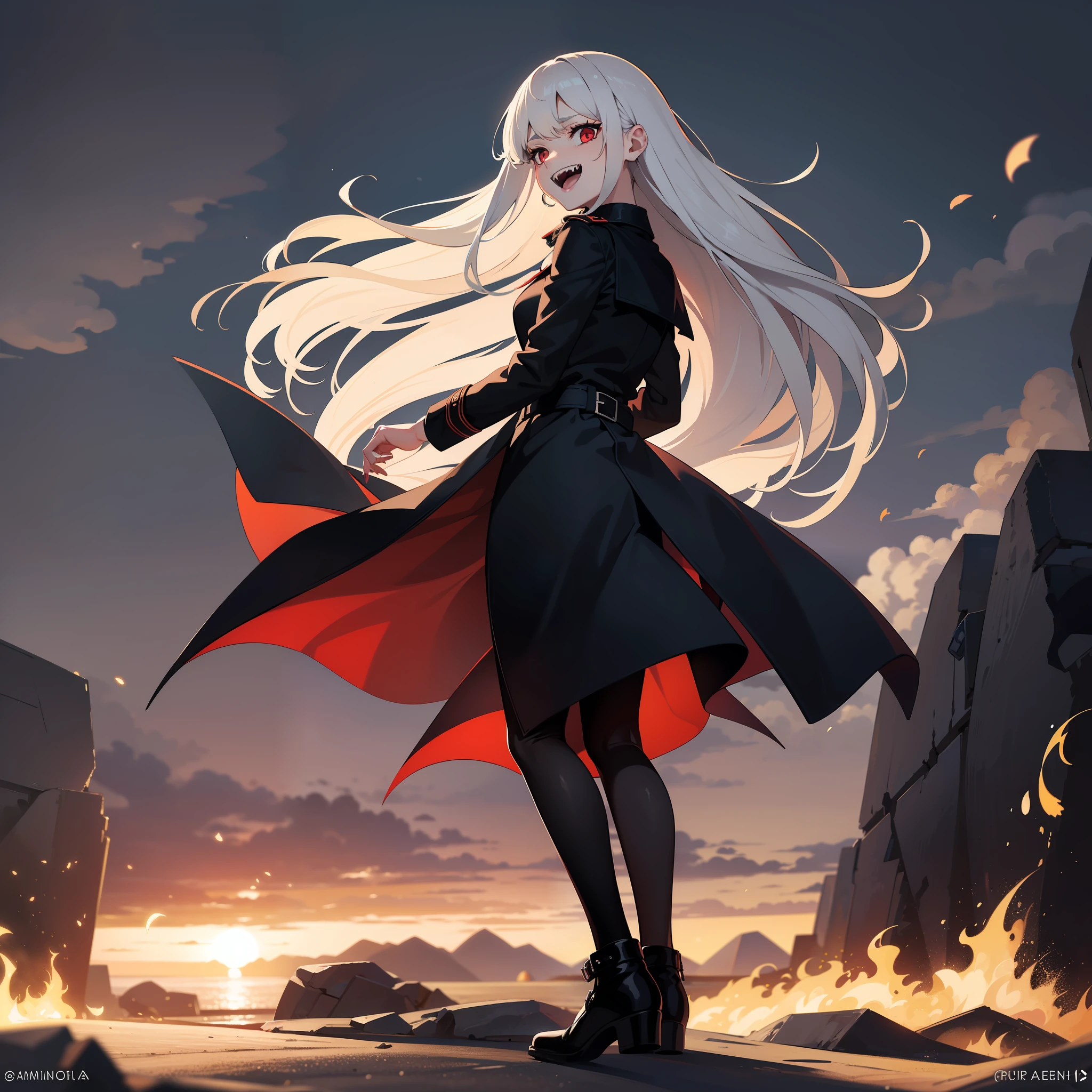 A girl, demon, white hair, long hair, dark red eyes, surrounded by hell, wearing a trench coat, hair fluttering in the wind, trench coat fluttering in the wind, full body portrait, sideways, laughter, fangs