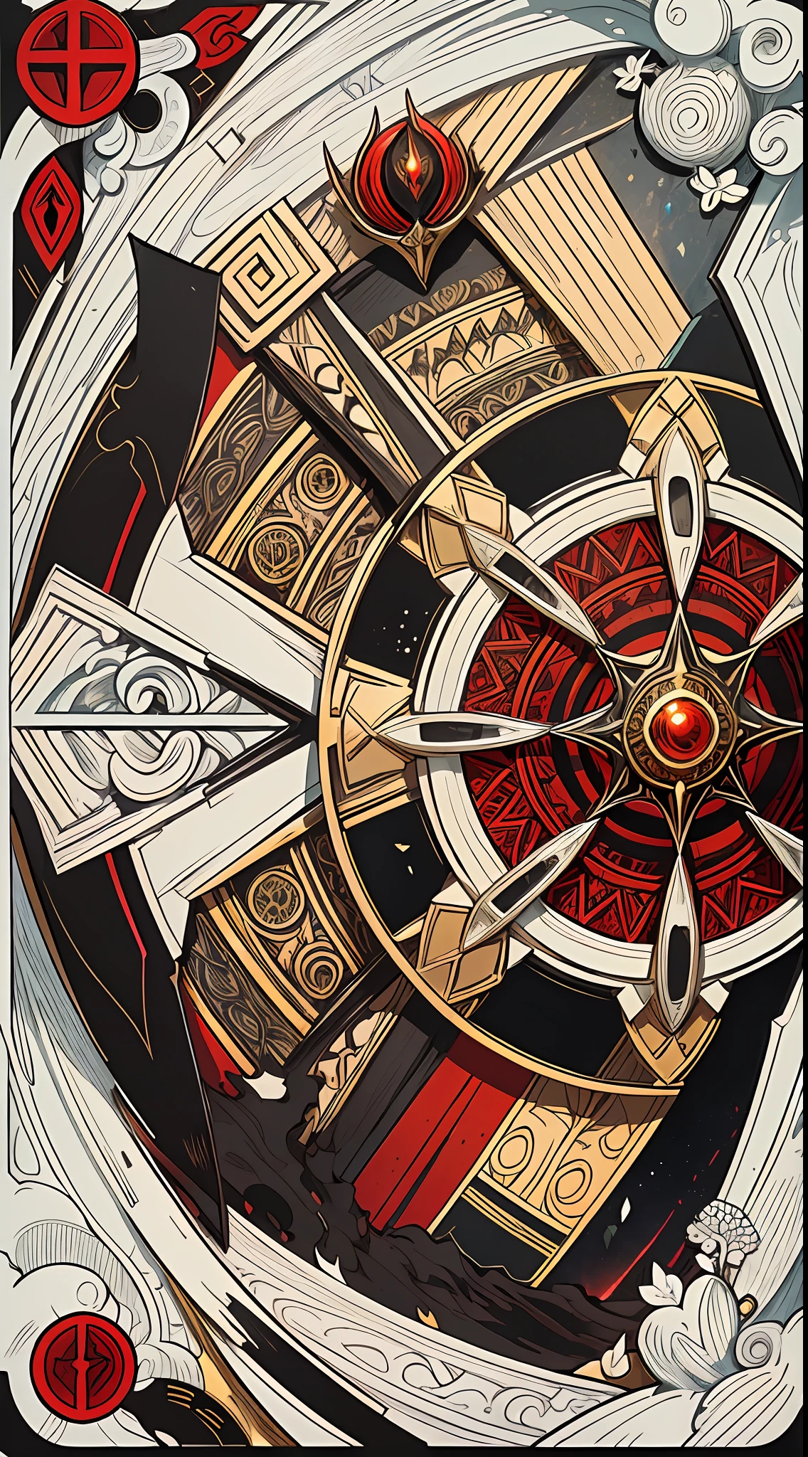 official art, 8k unit wallpaper, ultra detailed, beautiful and aesthetic, high quality, beautiful, masterpiece, best quality (zentangle, mandala, tangled, tangled: 0.6), symmetrical, mandala with the symbols of MORDOR, lord of the rings, SAURON, Volcano, Nazgul, (Sauron: 1.0), symbolization "The rings of power", The One Ring, EYE OF SAURON in the center. symmetrical, fibonacci. (Supplementary color: black, red, silver, gold) genshin impact iconographic
