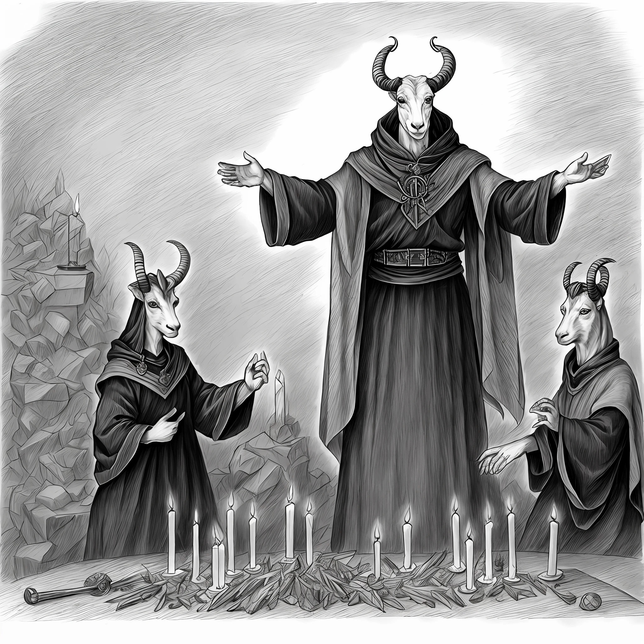 Scribbled pencil drawings of a goat-headed demon with large horns in a satanic ritual sacrificing a woman on a blood-covered altar