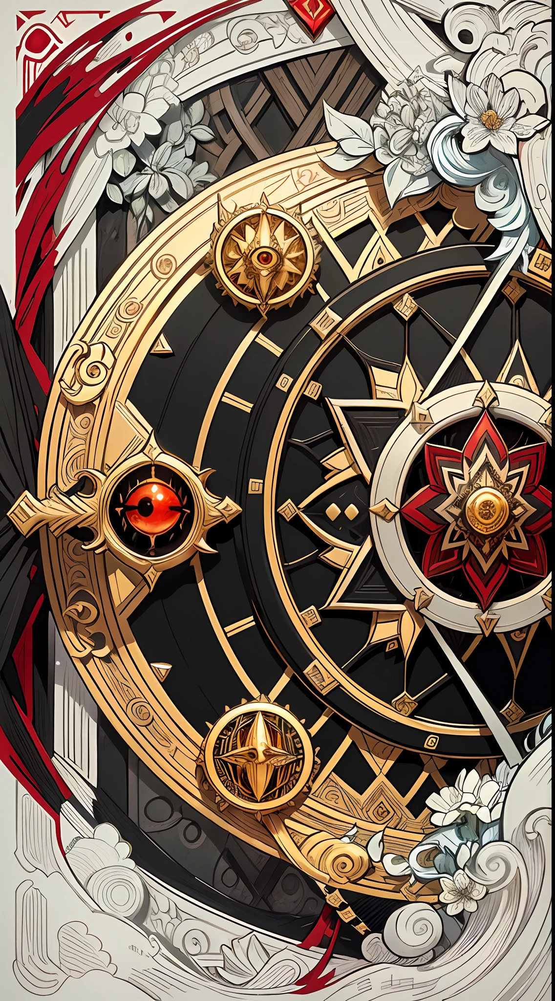 official art, 8k unit wallpaper, ultra detailed, beautiful and aesthetic, high quality, beautiful, masterpiece, best quality (zentangle, mandala, tangled, tangled: 0.6), symmetrical, mandala with the symbols of MORDOR, lord of the rings, SAURON, Volcano, Nazgul, (Sauron: 1.0), symbolization "The rings of power", The One Ring, EYE OF SAURON in the center. symmetrical, fibonacci. (Supplementary color: black, red, silver, gold) genshin impact iconographic