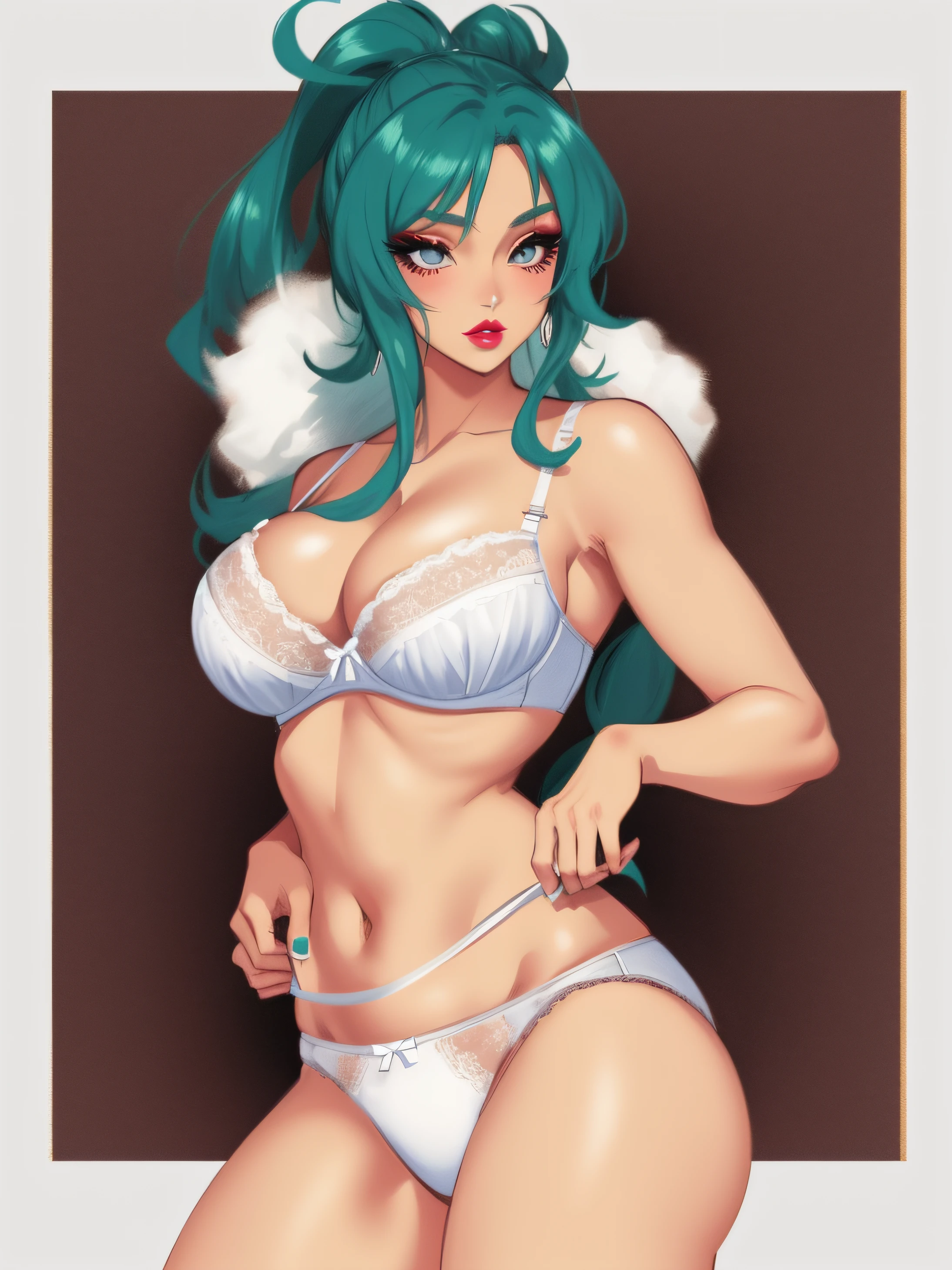 Curvy Hispanic woman, in white bra, pulling up white cotton panties, wearing eye-shadow and lipstick, anime art style, intricate details