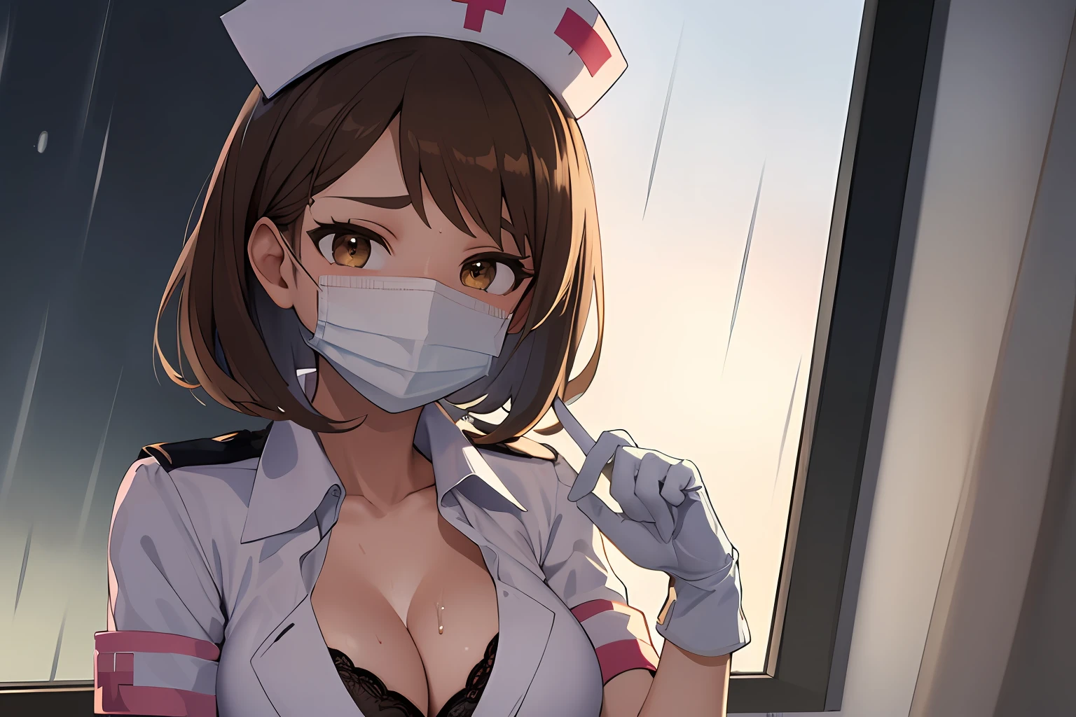 (((masterpiece))), ((best quality)), detailed, solo, 1girl, hmochako, finne lingerie, (rain), chest curtains, nurse&#39;s cap, latex gloves, surgical mask, sexy pose, short hair, medium breasts, beautiful brown eyes, cleavage, big breasts, sweating, blushing, heavy breathing,