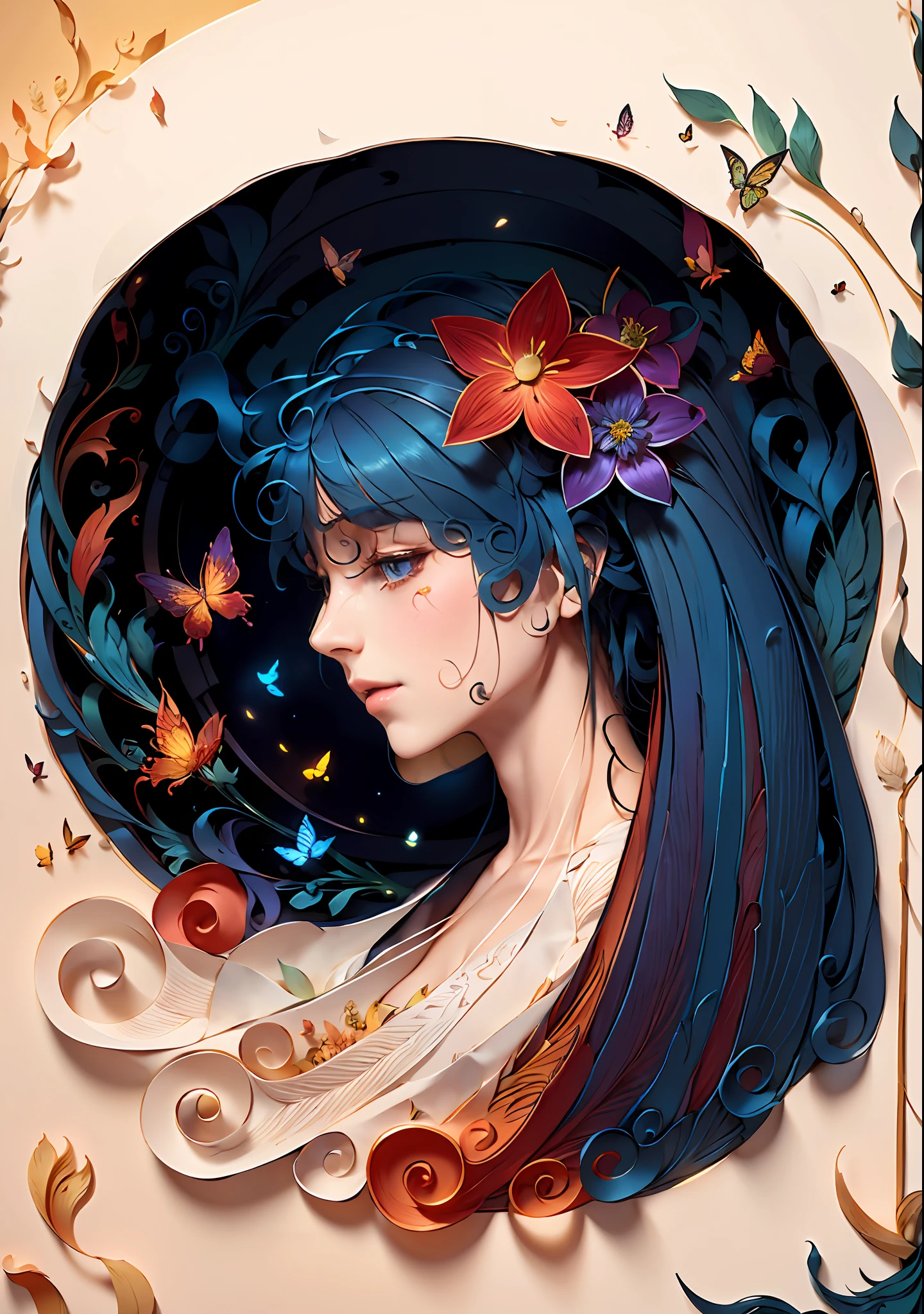 spring, paper art, 3d rendering, colorful, beauty side face, phoenix, flowers, butterflies, lines, best quality, detailed details, masterpiece, official art, cinematic lighting effects, 4K,
