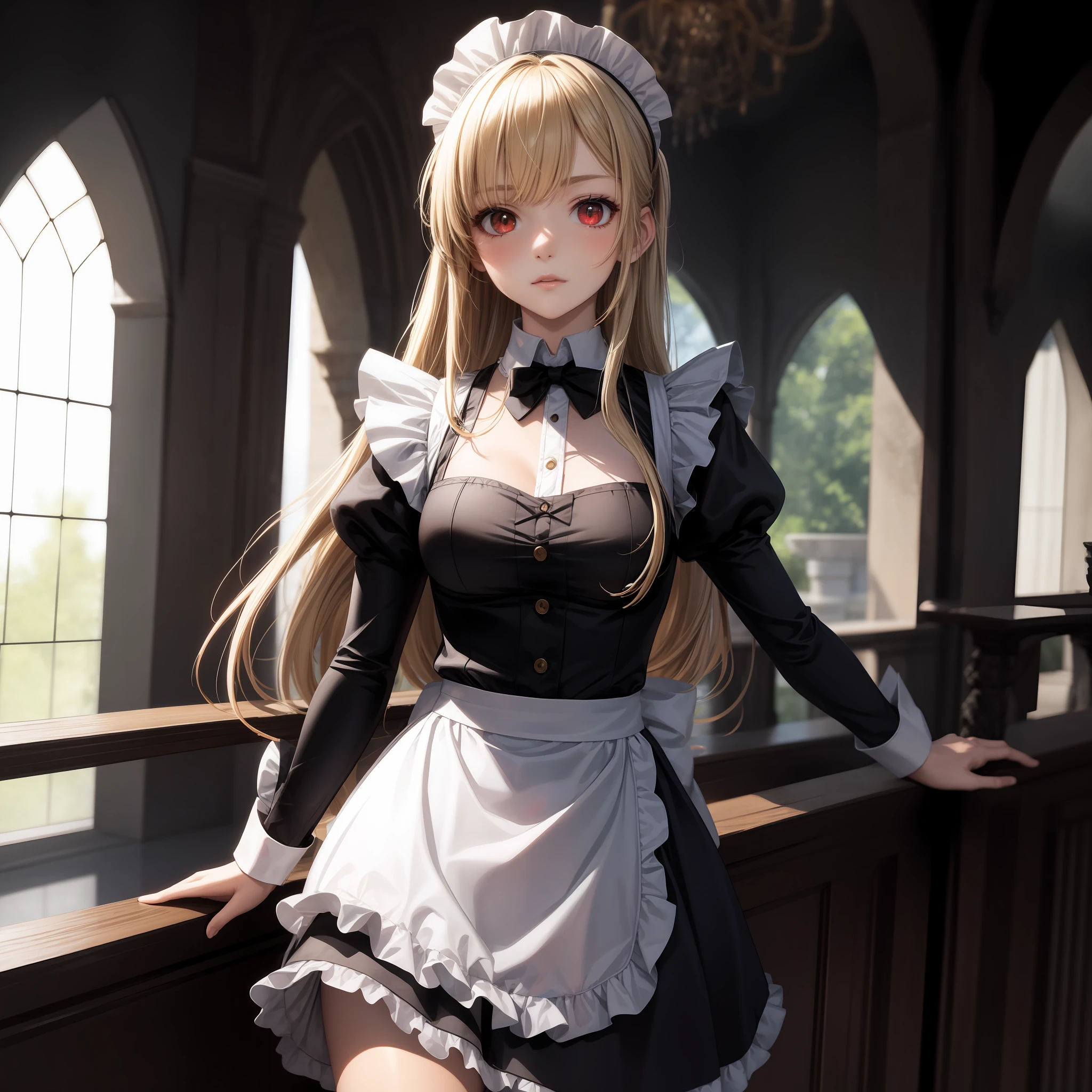 anime, girl, red eyed blonde girl, red eyed gray haired girl, maid outfit, inside the castle
