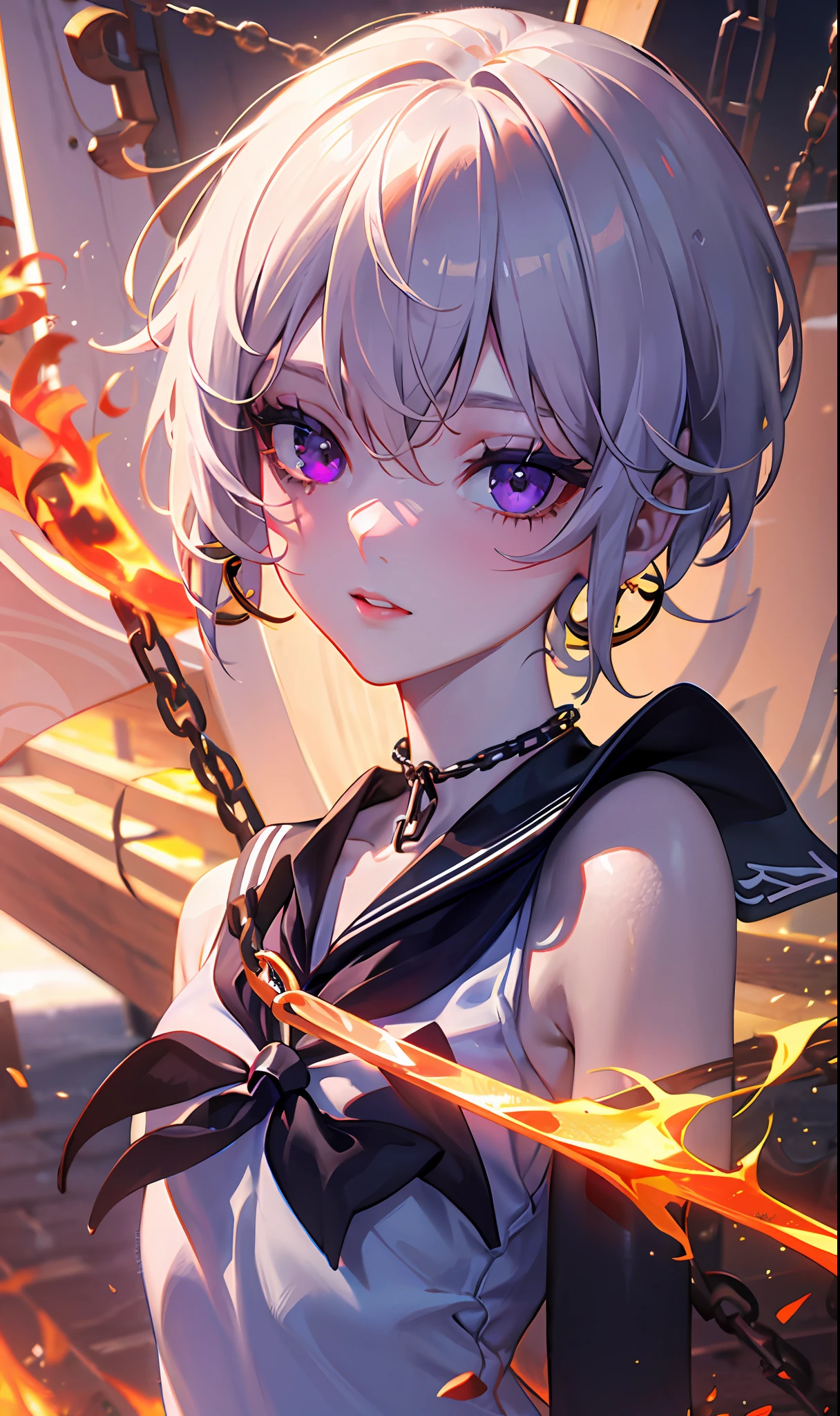 (Meisterwerk, Side Light, Beautiful Eyes: 1.2), (Meisterwerk* Portrait), Portrait, (Bust), Lifelike, Anatomically Correct, 3D Face, Sweet Skin, (Solo), Highlighted, Gradient Hair, (Face Close-up), Cute Face, (Fire Opal-like Purple Eyes), Hanging Eye Corners, ((High Detail Skin, Visible Pores)), (Perfect Figure), A Beautiful Girl, Small Tits, ((sailor_(naval_uniform))), (neck ring), very, very short gloves, (chain)
