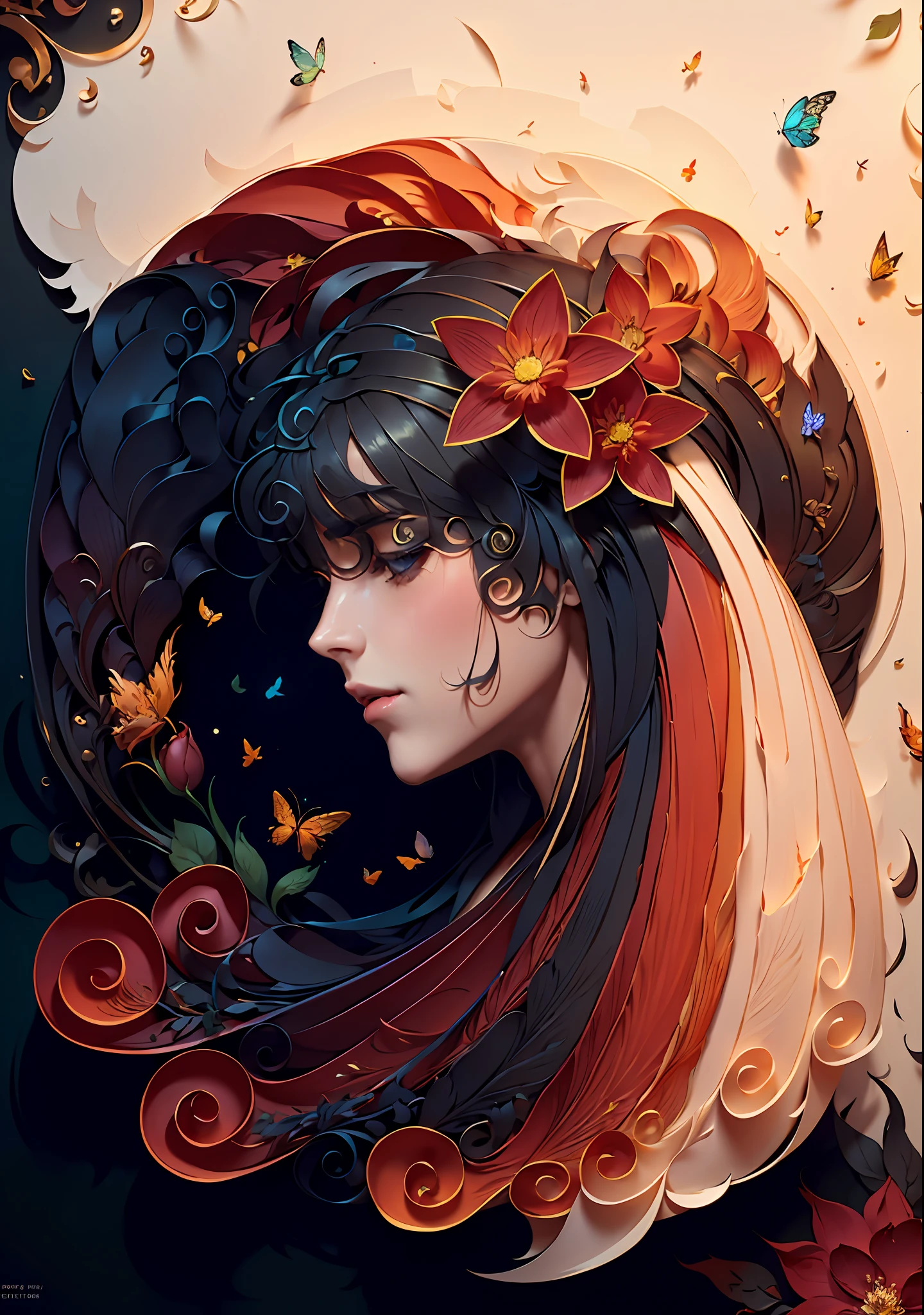 spring, paper art, 3d rendering, colorful, beauty side face, phoenix, flowers, butterflies, lines, best quality, detailed details, masterpiece, official art, cinematic lighting effects, 4K,