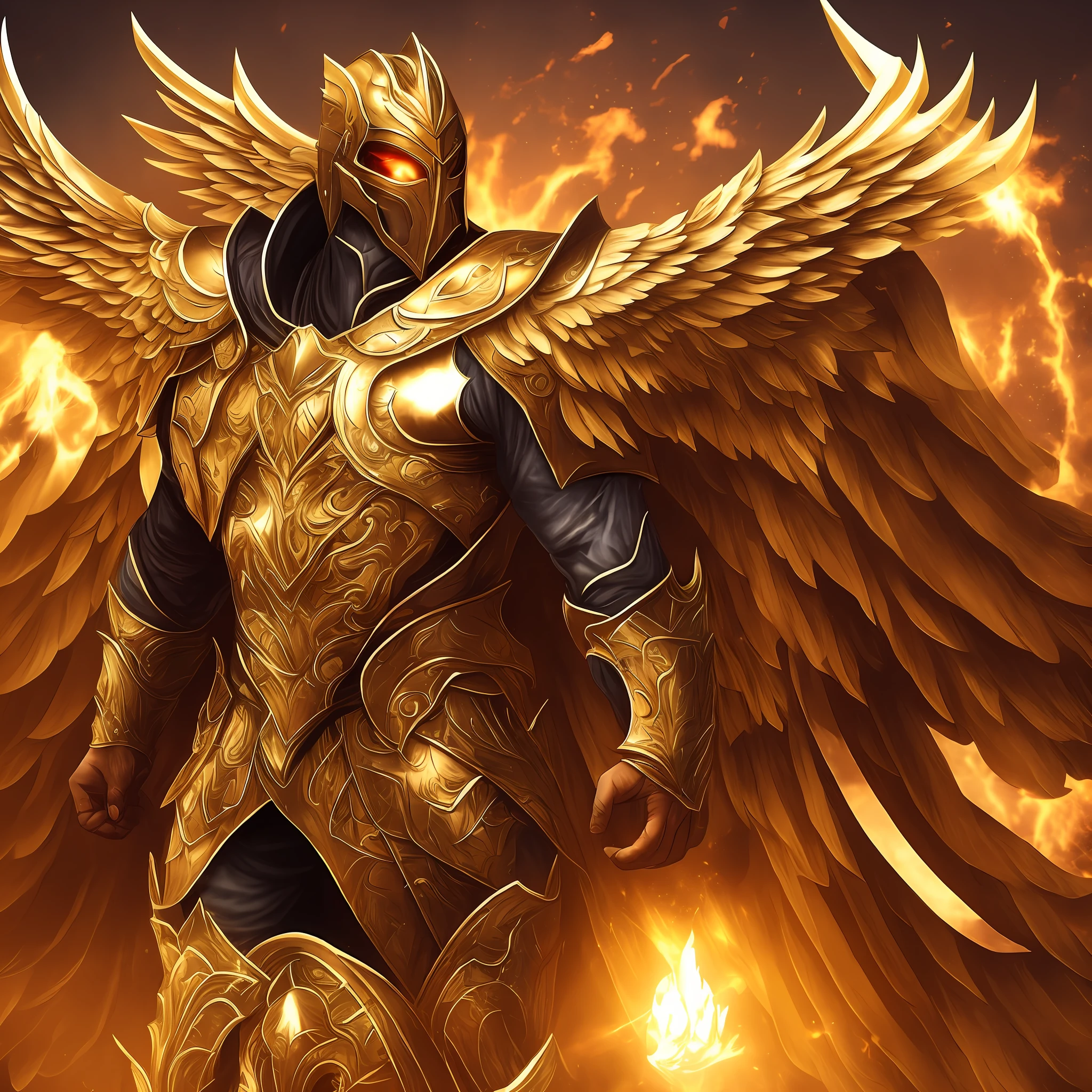 A man who has two iron wings and is flying in the sky, and the sun is patterned on his back, his face is covered with light and his face is completely luminous, his clothes are golden and he has muscles, golden armor, he has a golden spear in his hand, God --auto