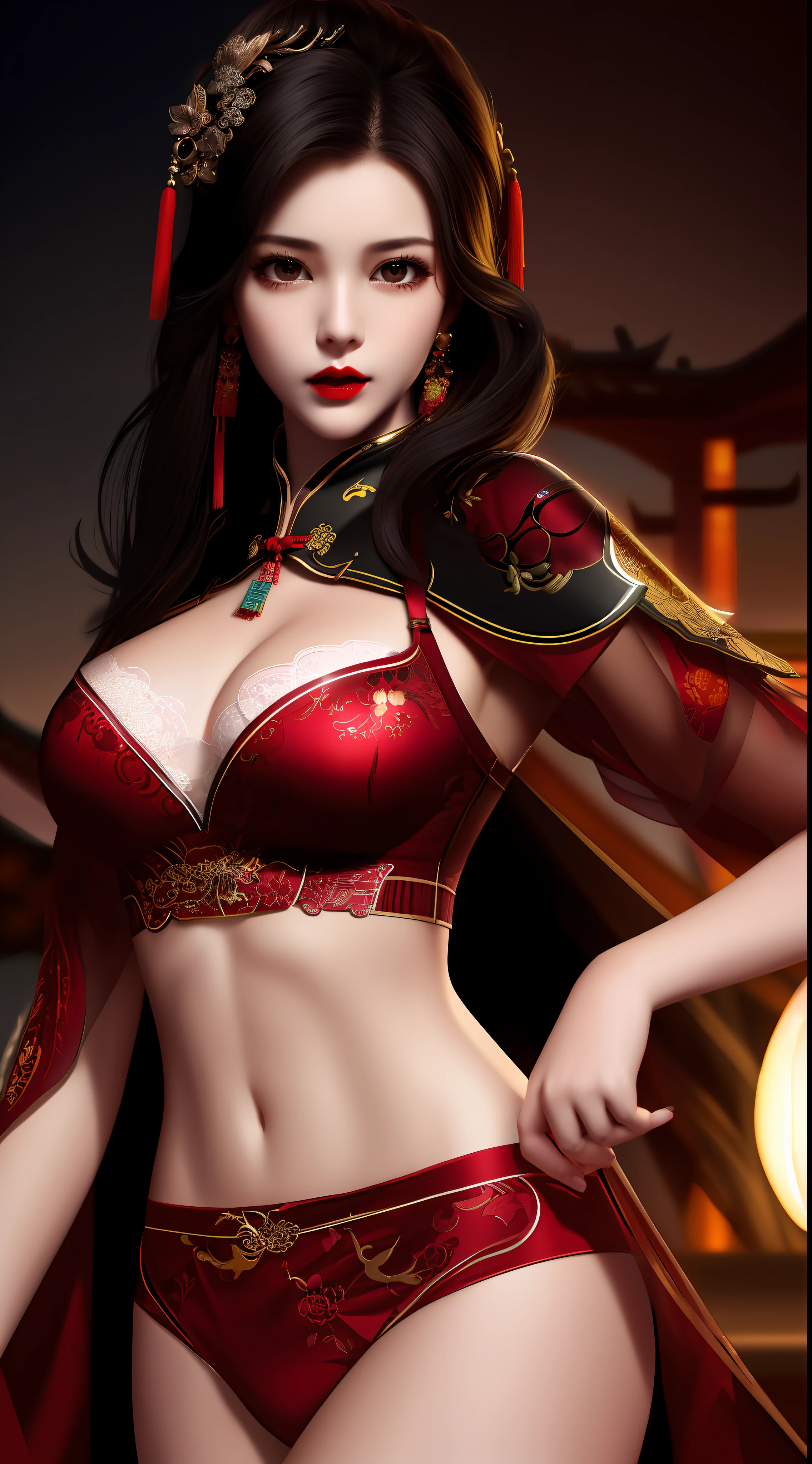 Realistic, 1 girl, see-through chinese armor soft red black, very large breasts, black hair, red lips, detailed eyes , dark backgrou,,Low light, Chinese underwear, best face, Low light landscape, sexy style, royal, Penetration , chinese underwear,bust, Dark background, Detailed face, taken from the belly up